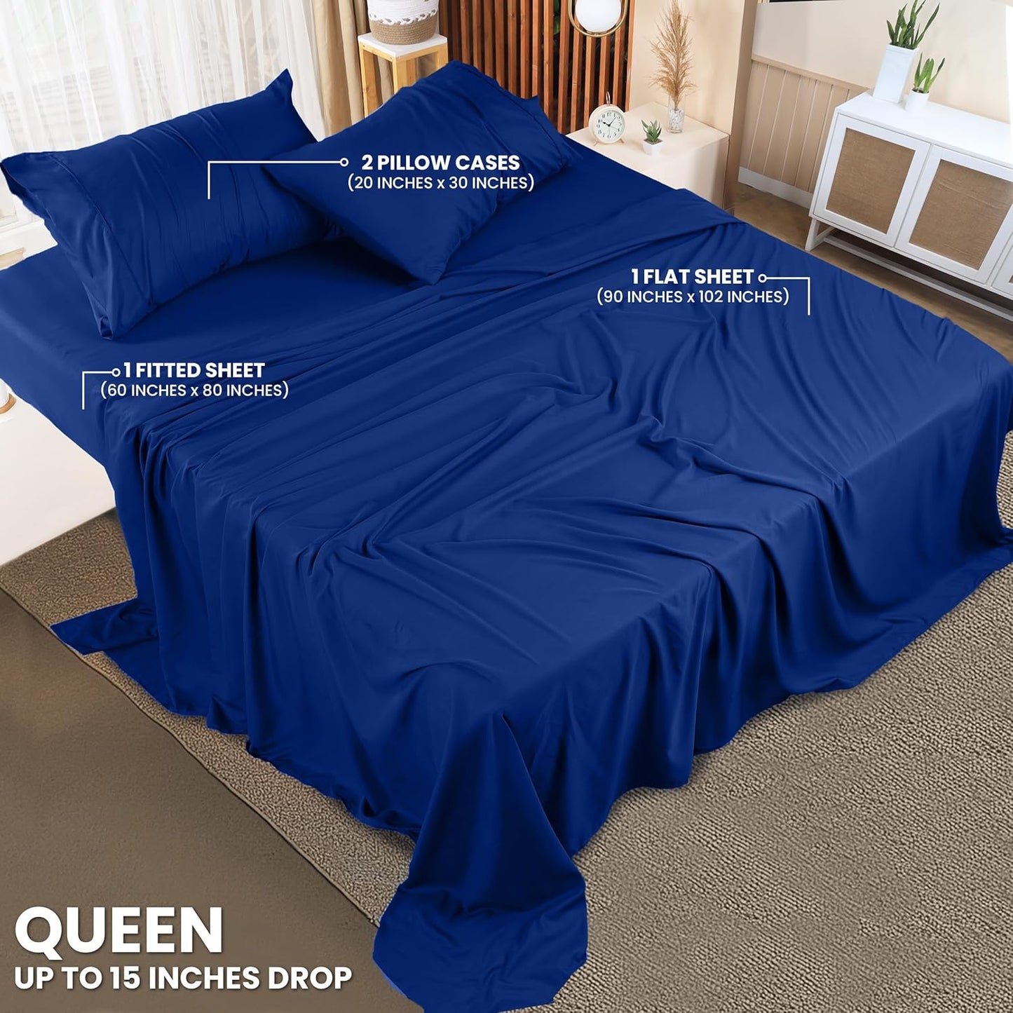 Utopia Bedding Queen Sheet Set – 4 Piece Bed Sheets for Queen Size Bed, Soft and Breathable Microfiber, Includes 1 Fitted Sheet, 1 Flat Sheet and 2 Pillowcases (Royal Blue)