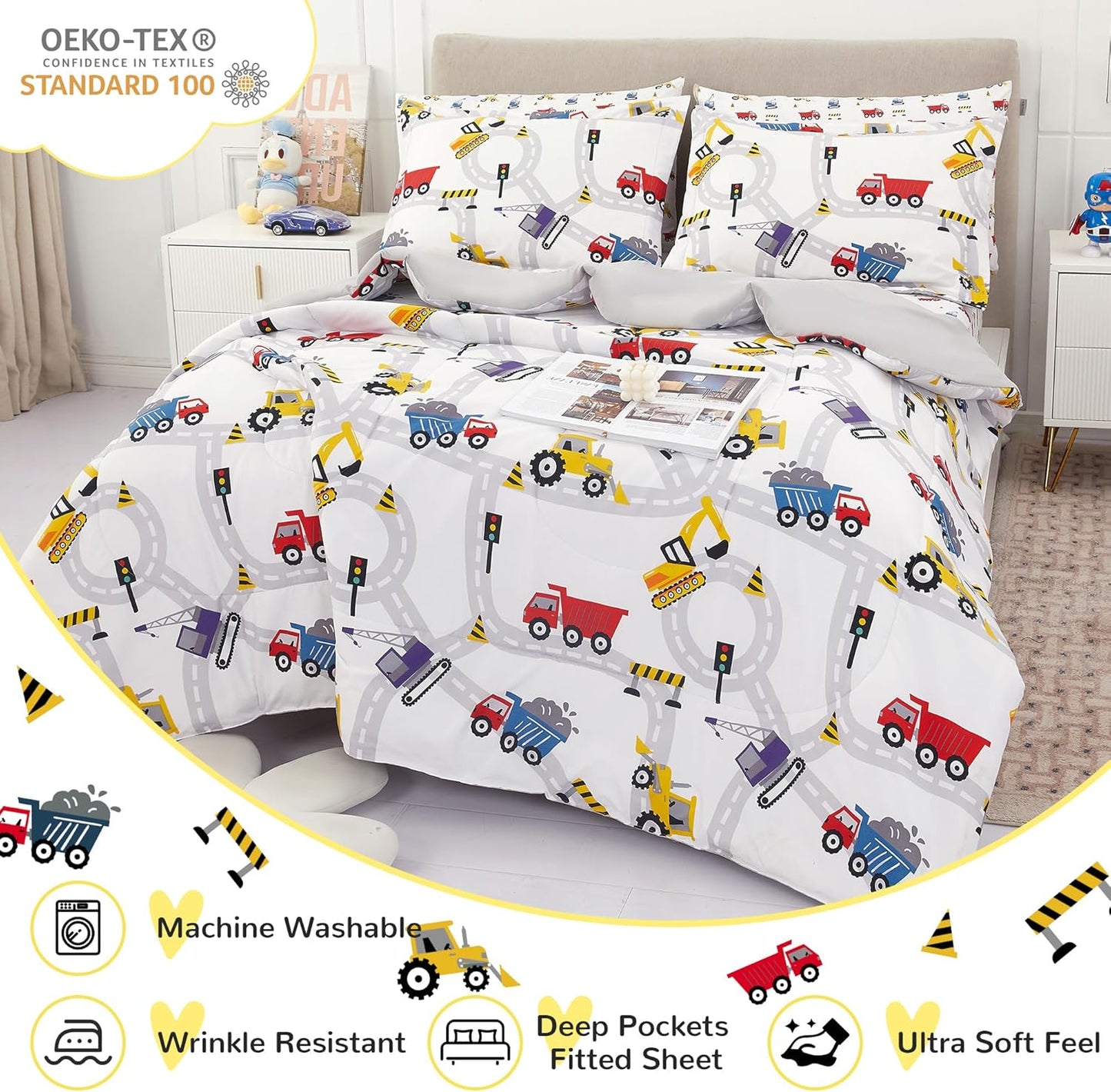 Viviland Kids Twin Bedding Sets for Boys, Girls Soft Twin Comforter Set with Sheets, 5 Pieces Microfiber Bed in a Bag, White Car Excavator