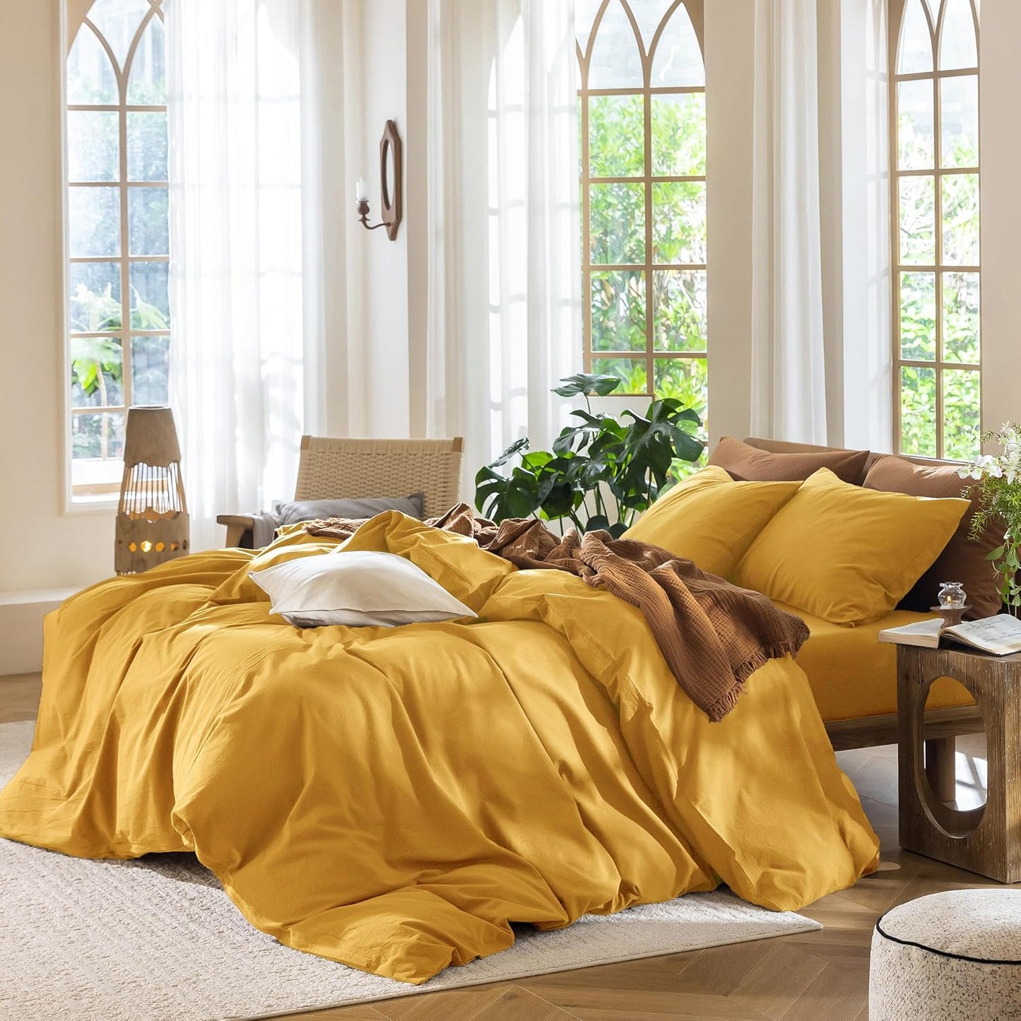 MooMee Bedding Duvet Cover Set 100% Washed Cotton Linen Like Textured Breathable Durable Soft Comfy (Solid Yellow, Twin 68"x90")