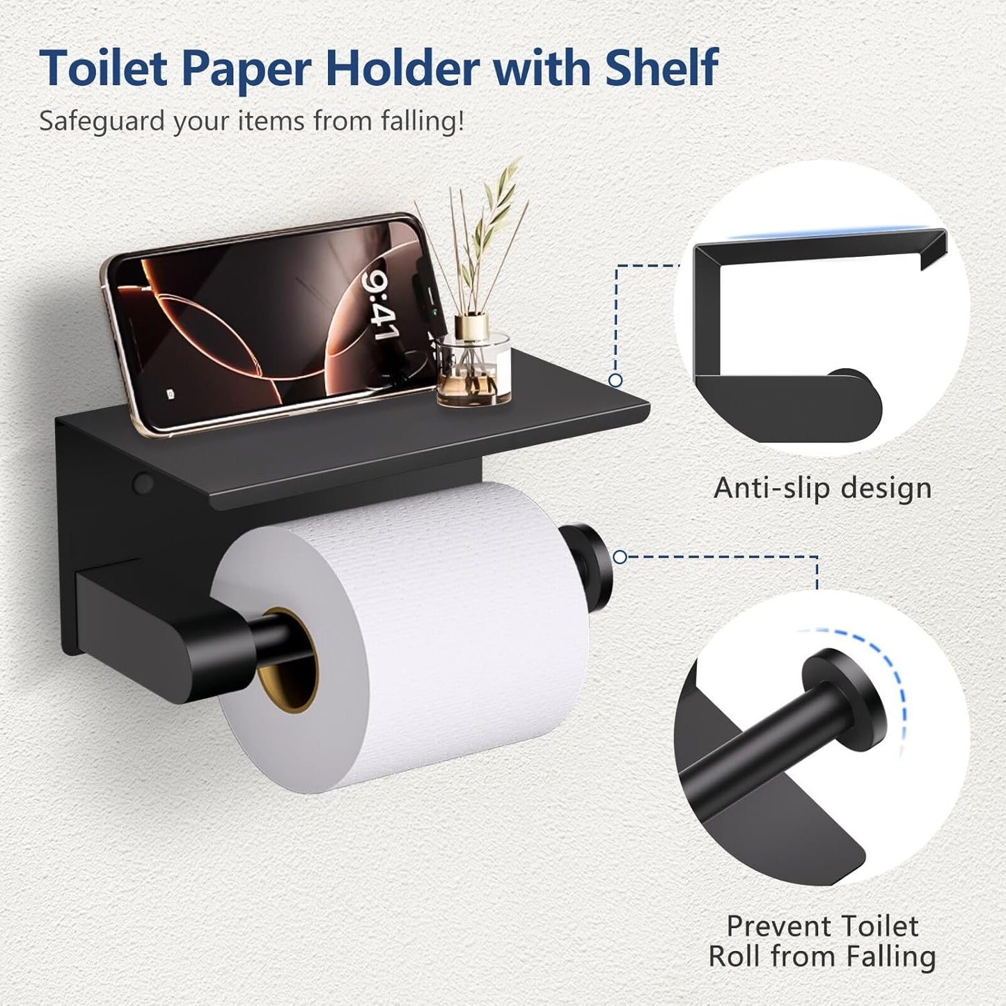 TQKAG 5 Piece Bathroom Towel Bar Holder Sets Matte Black Bathroom Hardware Set Stainless Steel Toilet Paper Holder with Shelf Bathroom Accessories Kit Wall Mounted