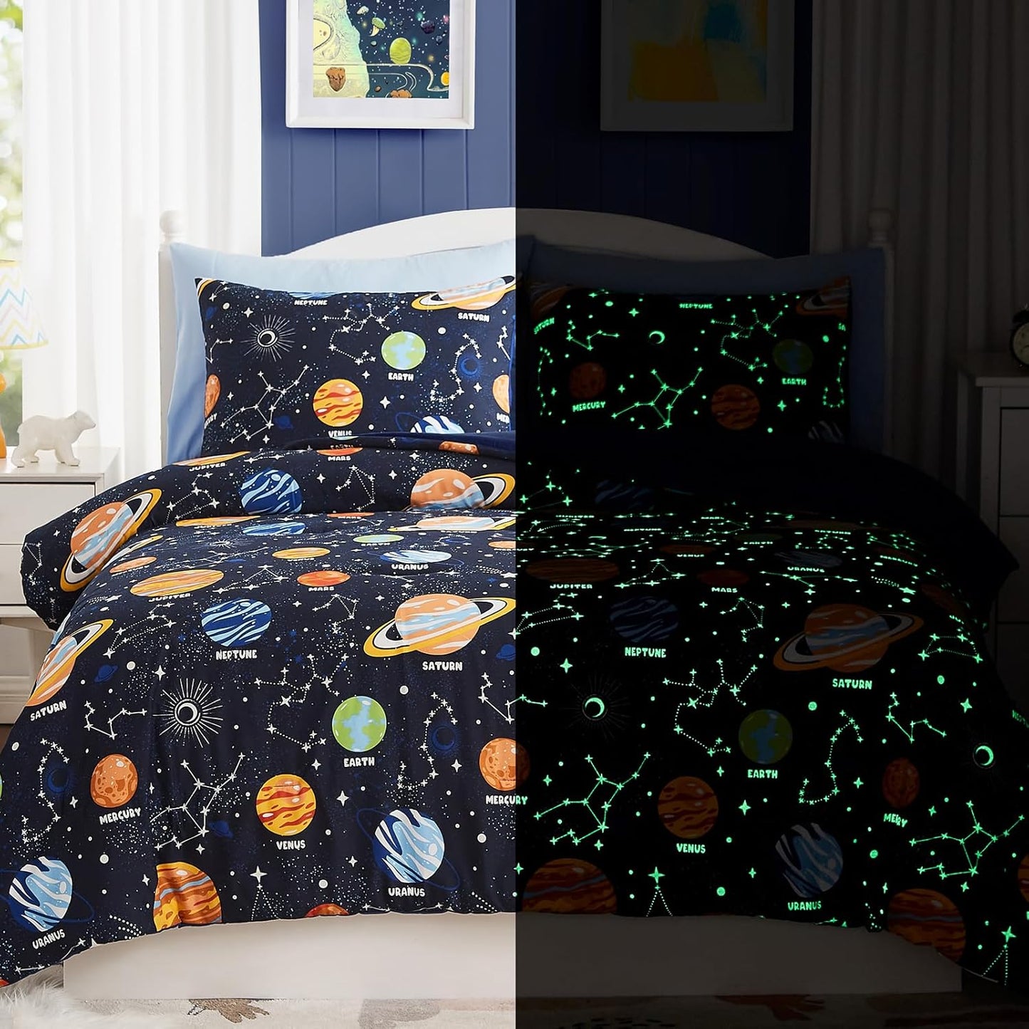 Full Size Comforter Set for Boys-7 Pieces Space Glow in The Dark Full Bedding Sets for Kids, Ultra Soft Bed in A Bag with Sheets