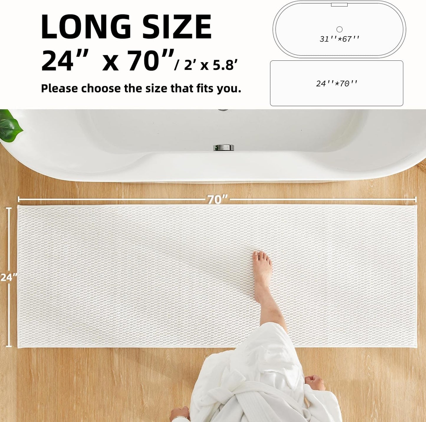 Bathroom Runner Rugs, Long Bath Mat Runner Washable Thin Quick Dry Low Pile Bathroom Runner Rugs Non Slip, White 24"x70"