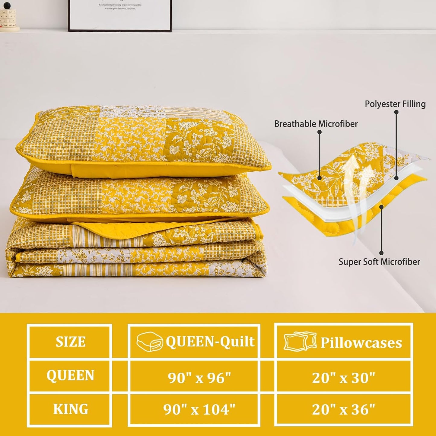 Mybedsoul Yellow Boho Quilt Set Queen Size,3 Pieces Plaid Floral Bedspread Coverlet Set Summer,Patchwork Reversible Bedding Set Queen 90"x96"