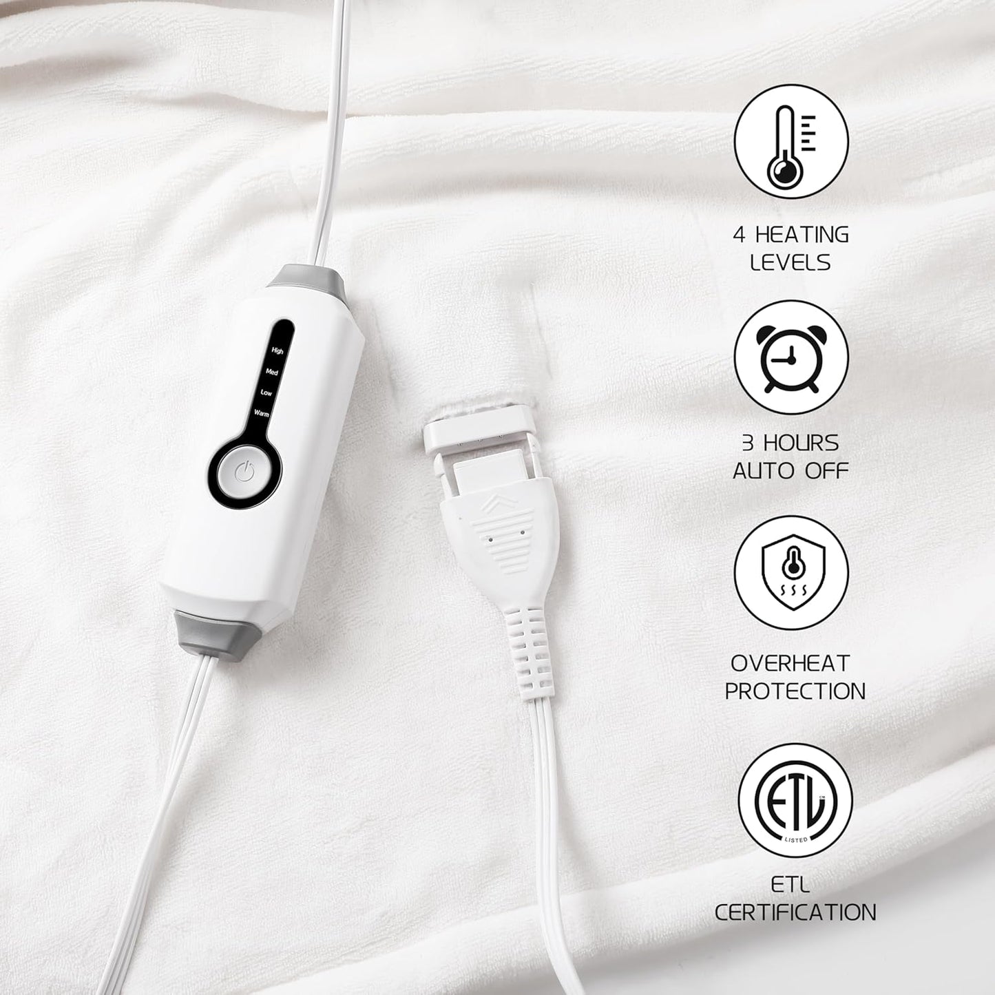 Electric Heated Blanket 50"x60" Throw Size, Soft Coral Fleece with 4 Heating Levels and 3 Hours Auto-Off, Machine Washable, Cozy Plush Fabric for Home, White