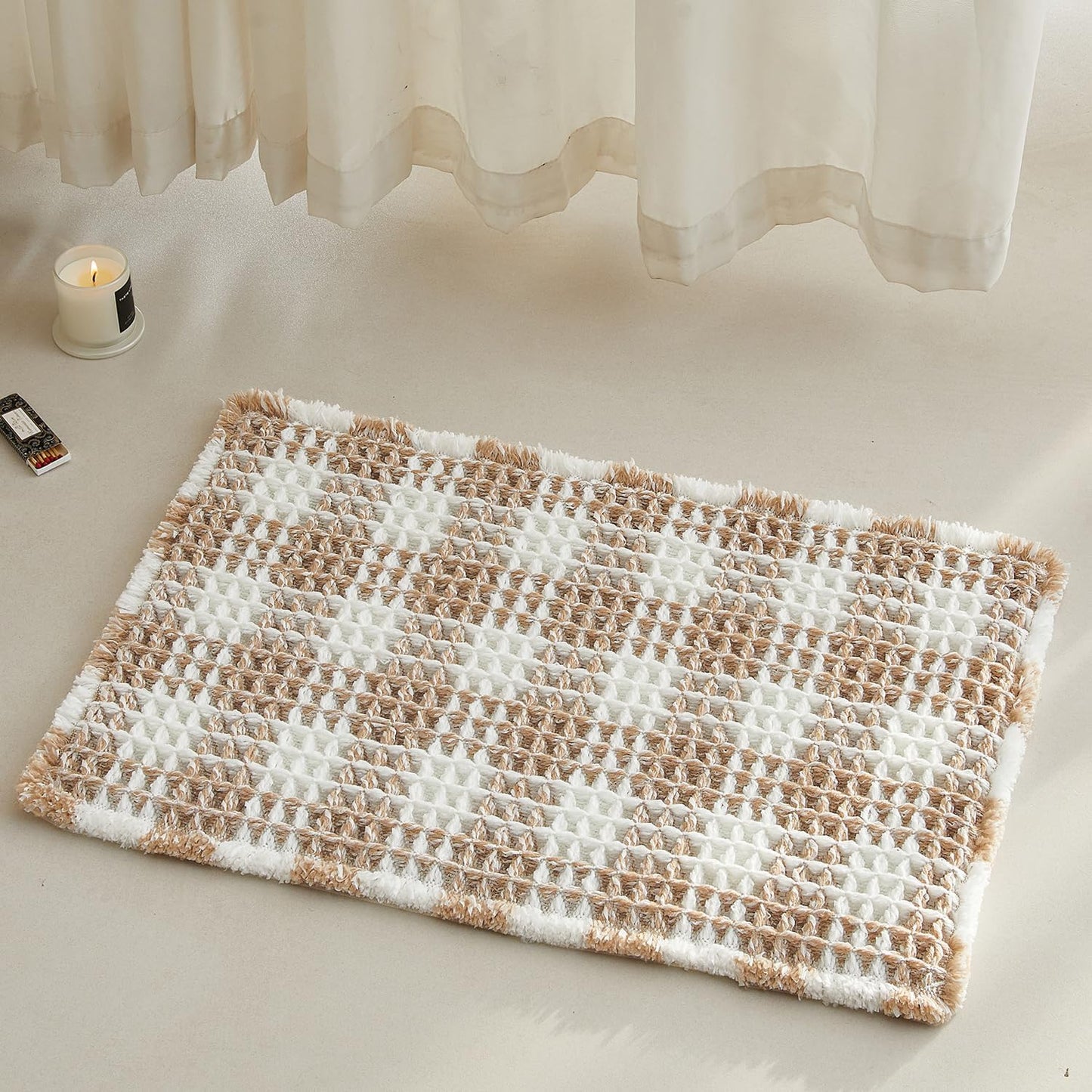 Waffle Bath Mat, Boho Bathroom Rugs Non Slip Washable Absorbent Checkered Bathroom Mat Quick Dry Farmhouse Bathroom Decor, 24"x16" Khaki and White