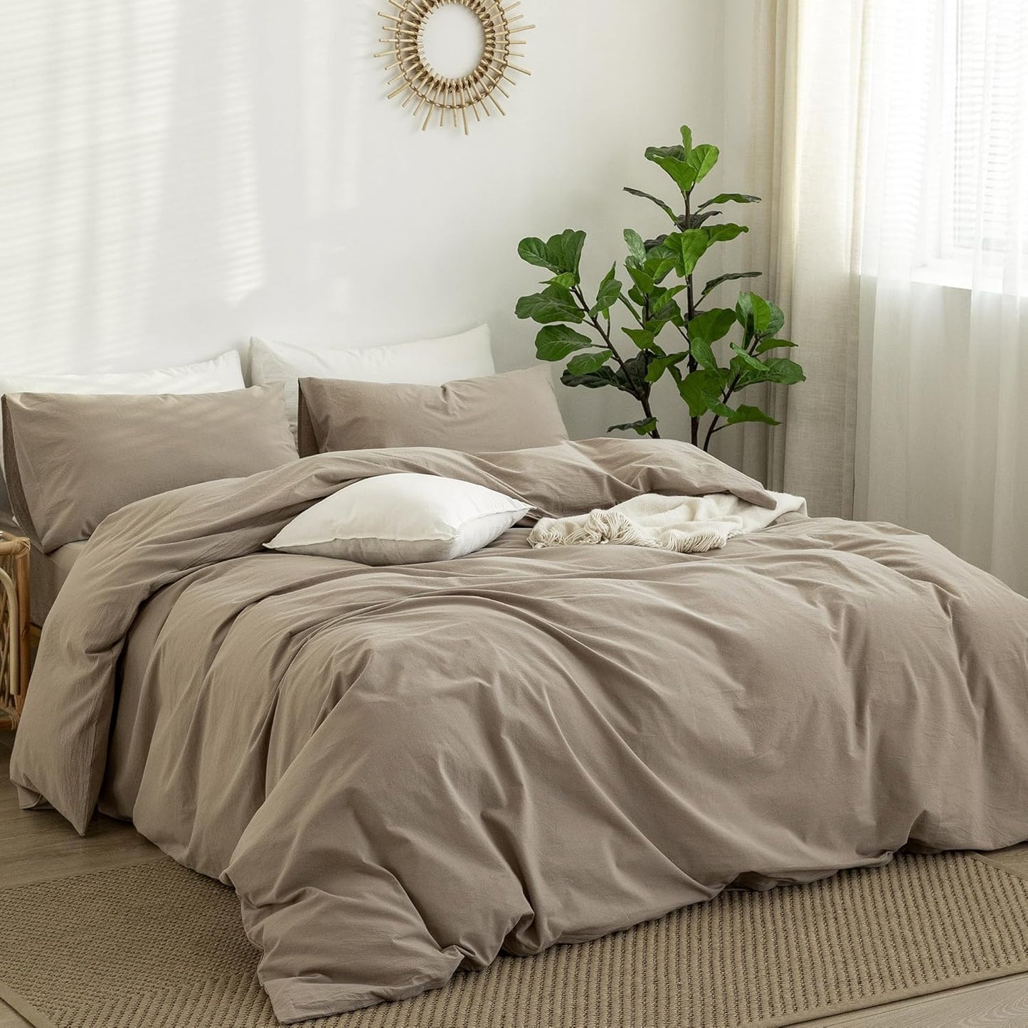 MooMee Bedding Duvet Cover Set 100% Washed Cotton Linen Like Textured Breathable Durable Soft Comfy (Solid Light Camel, Twin 68"x90")