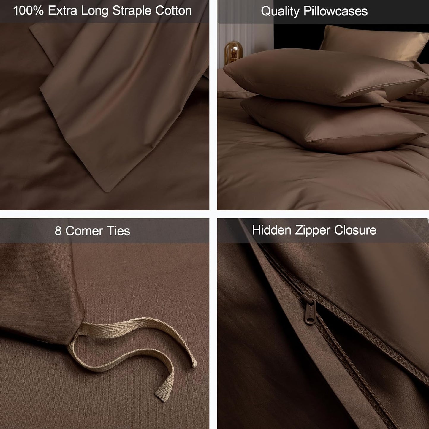 MooMee Duvet Cover Set 100% Extra Long Staple Cotton 600 Thread Count Silky Sateen Smooth Luxury Soft Breathable Durable Hotel Quality Bedding, 3 Pieces (Chocolate Brown, Full 80"x90")