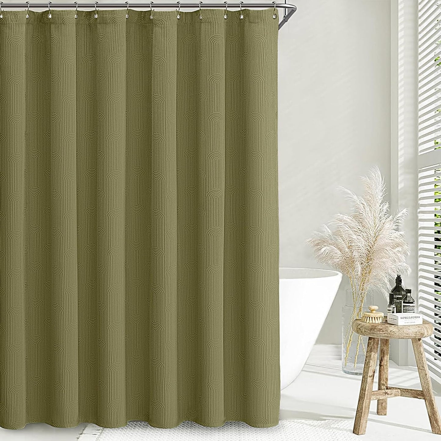 Awellife Boho Shower Curtains for Bathroom Cotton Fabric Touch Matcha Green Bohemian Mid Century Minimalist Arch 72" L X 72" W