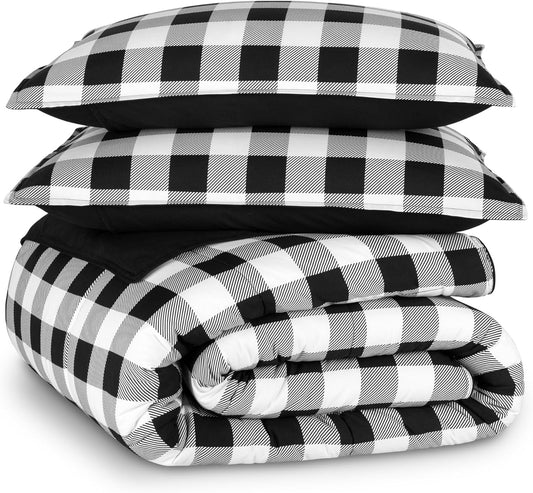 Bare Home Comforter Set - Queen Size - Ultra-Soft - Goose Down Alternative - Premium 1800 Series - Reversible - All Season Warmth (Queen, Chester Buffalo Plaid - White/Black)
