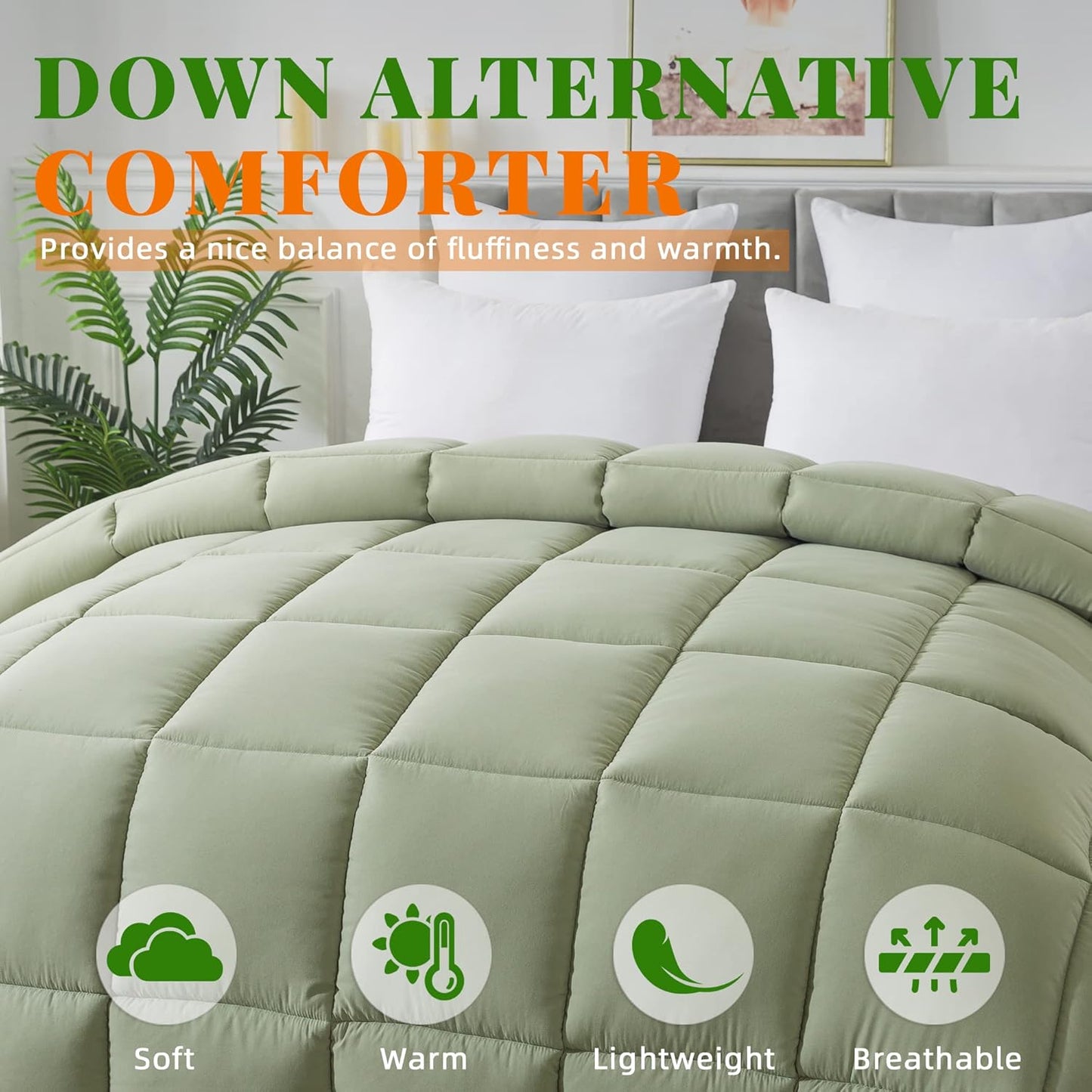 Cosybay Down Alternative Comforter (Sage Green, King) - All Season Soft Quilted King Size Bed Comforter - Duvet Insert with Corner Tabs -Winter Summer Warm Fluffy, 102x90 inches