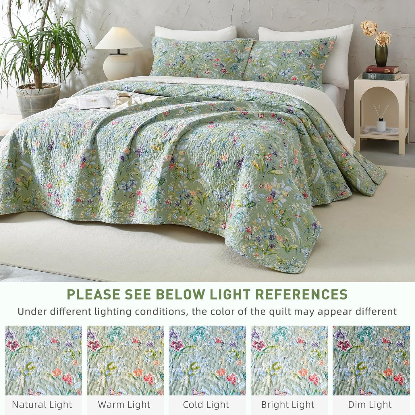 Lady Ann Green Floral 100% Cotton King Quilt Set - Green Flower Bird Butterfly Print Botanical Bedding,Vintage Lightweight Coverlet Ultra Soft Bedspread Set with Pillow Shams for All Season, 3 PCS