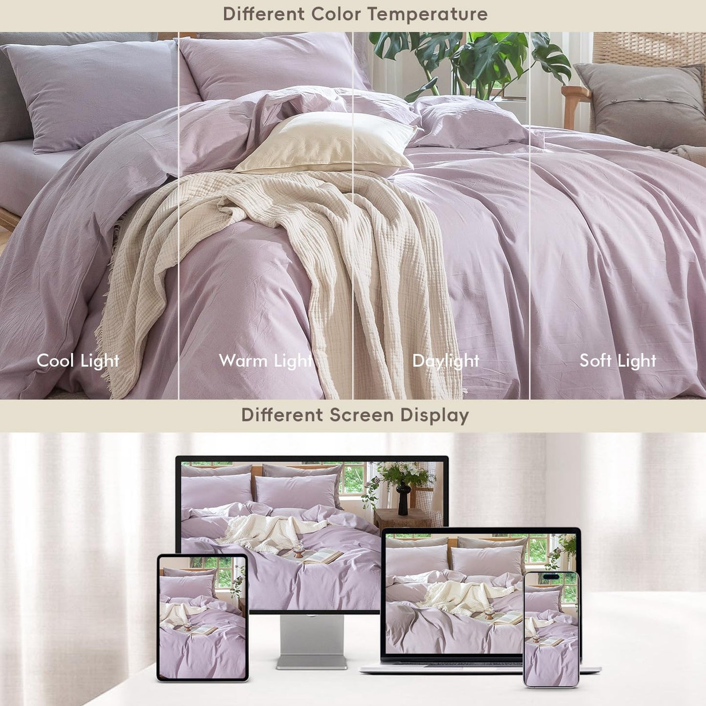 MooMee Bedding Duvet Cover Set 100% Washed Cotton Linen Like Textured Breathable Durable Soft Comfy (Heathered Light Purple, Palatial King/Oversized King 120"x98")