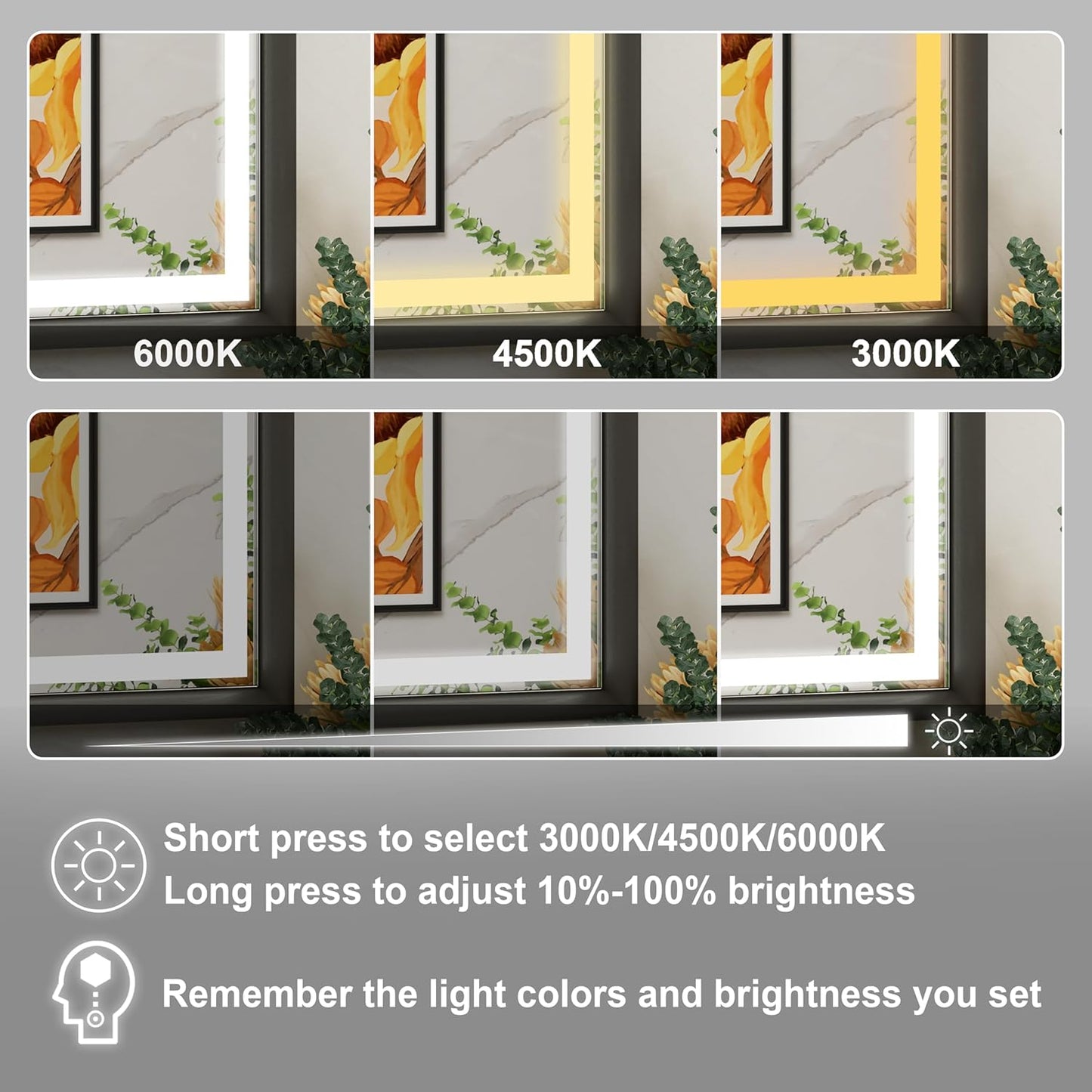 28x36 Inch LED Mirror for Bathroom, 3 Color Temperatures (3000K/4500K/6000K), Anti-Fog, Dimmable Lights, Memory Function, Matte Black Aluminum Frame