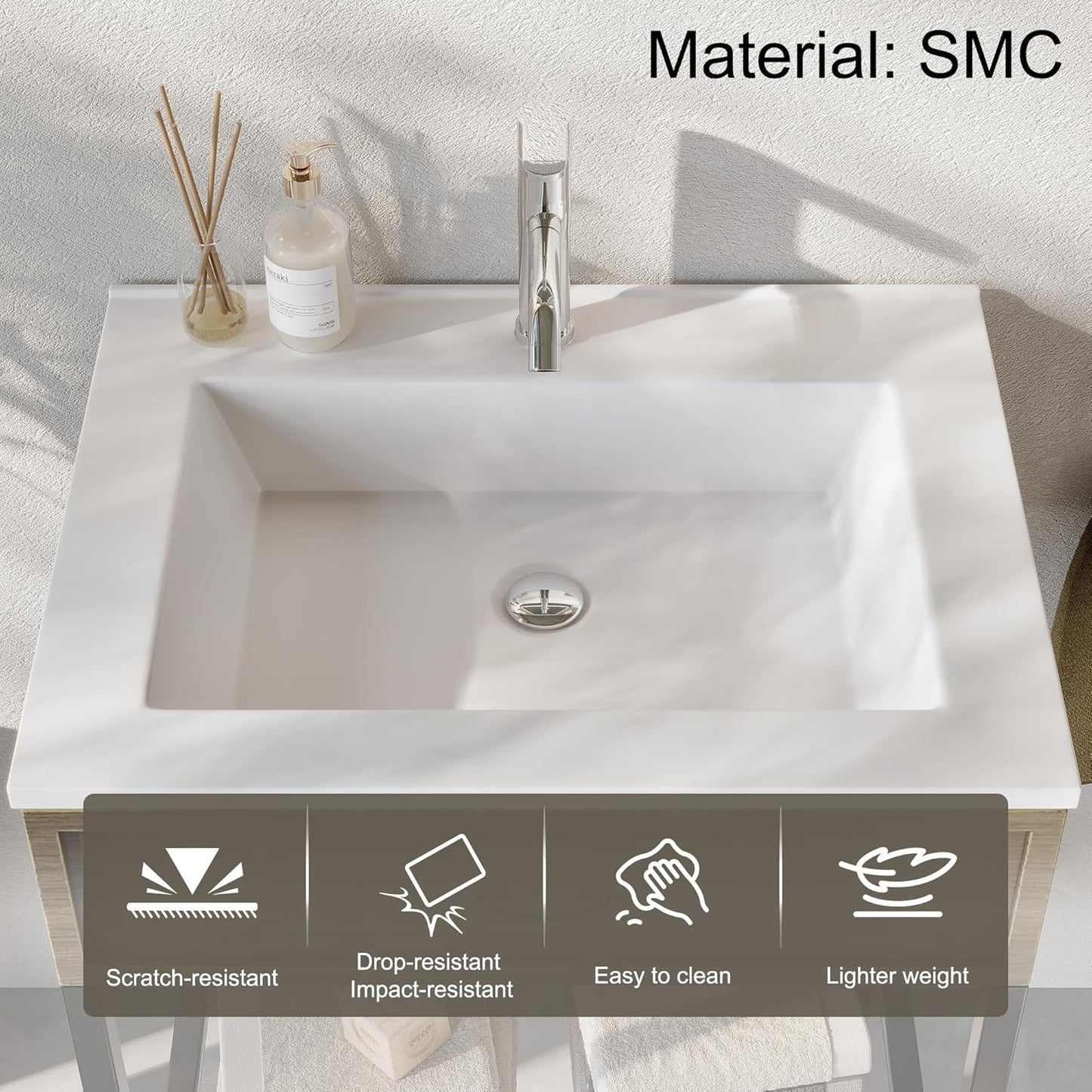 30 Inches Bathroom Vanity with Resin Sink, Single Sink Modern Cabinet Set, Stainless Steel Frame with Tempered Glass Open Shelf, Freestanding Bathroom Storage Cabinet Combo, White