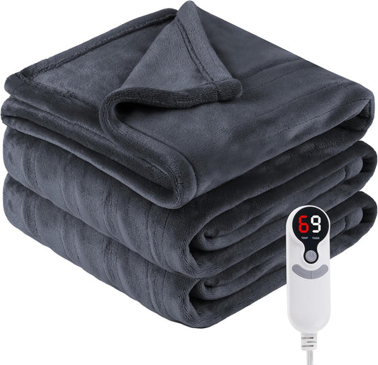 Electric Heated Blanket Twin Size 62”x84”,Soft with 6 Heating Settings 1-10 Hours Auto-Off, One Touch Operation, Machine Washable, Dark Gray