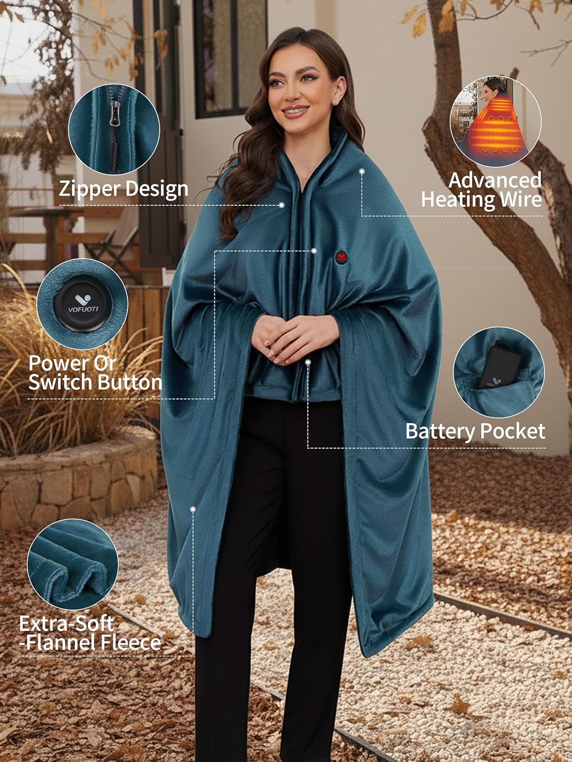 Electric Heated Blanket Battery Operated, Portable Heated Shawl for Neck and Shoulders and Back, Heating Blanket with Zipper and Pockets, 20000mAh, 3 Heating Levels, up to 8 Hours