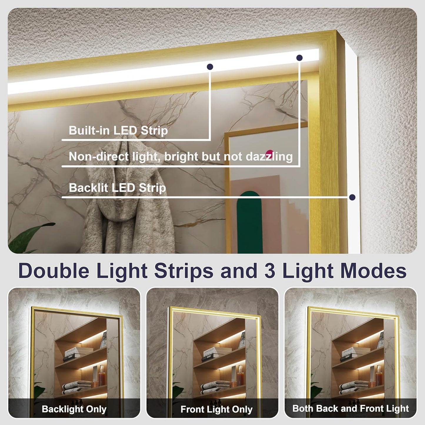 30x36 Inch Gold LED Bathroom Mirror with Front & Back Lights, Adjustable 3000K/4500K/6000K, Wall Mounted Lighted Bathroom Vanity Mirrors, Anti-Fog, Dimmable, Horizontal/Vertical