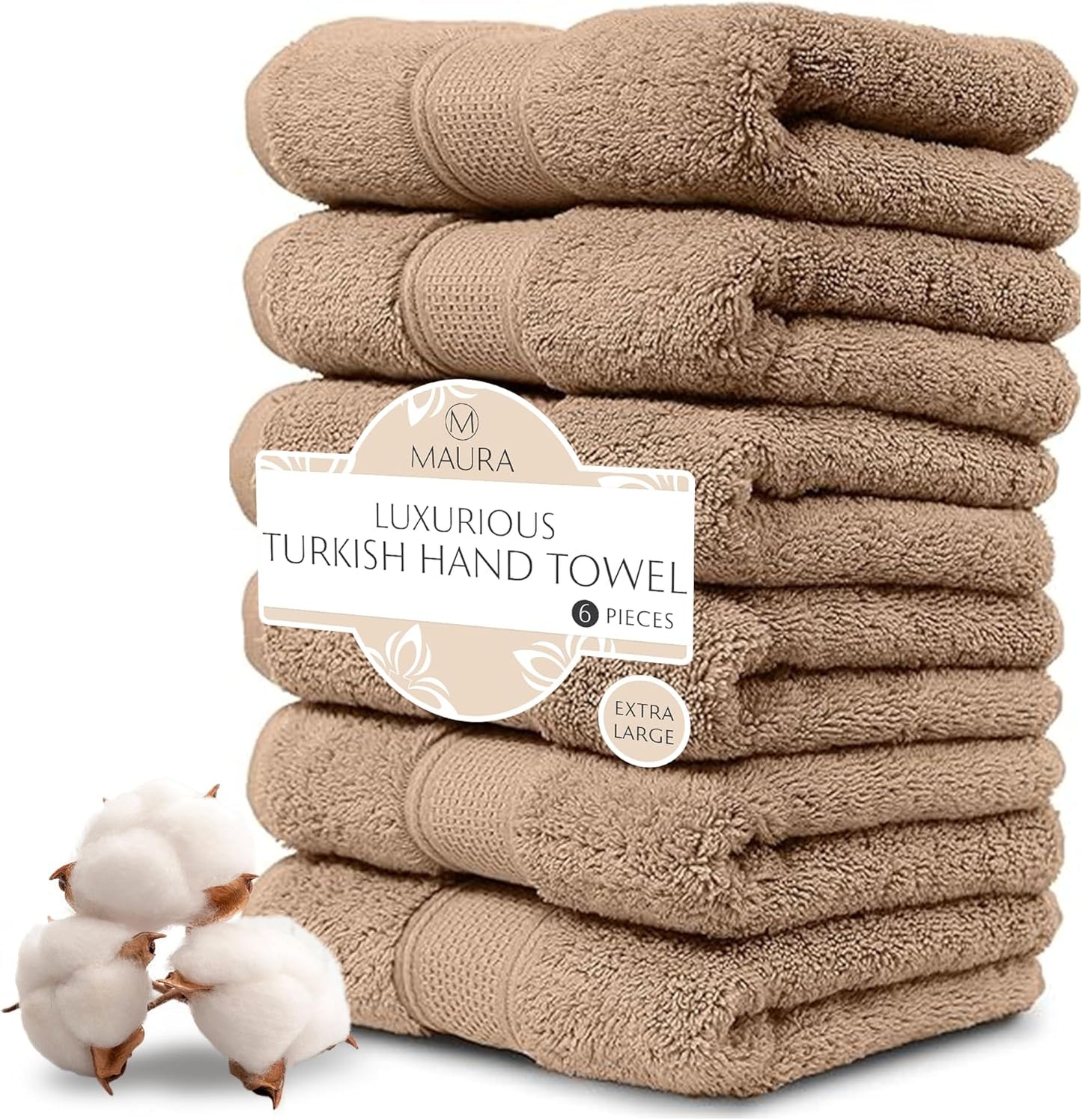 MAURA Biege Hand Towels for Bathroom. Luxury Turkish Cotton Bath Hand Towels Set of 6. Ultra-Soft, Thick & Plush - Brown
