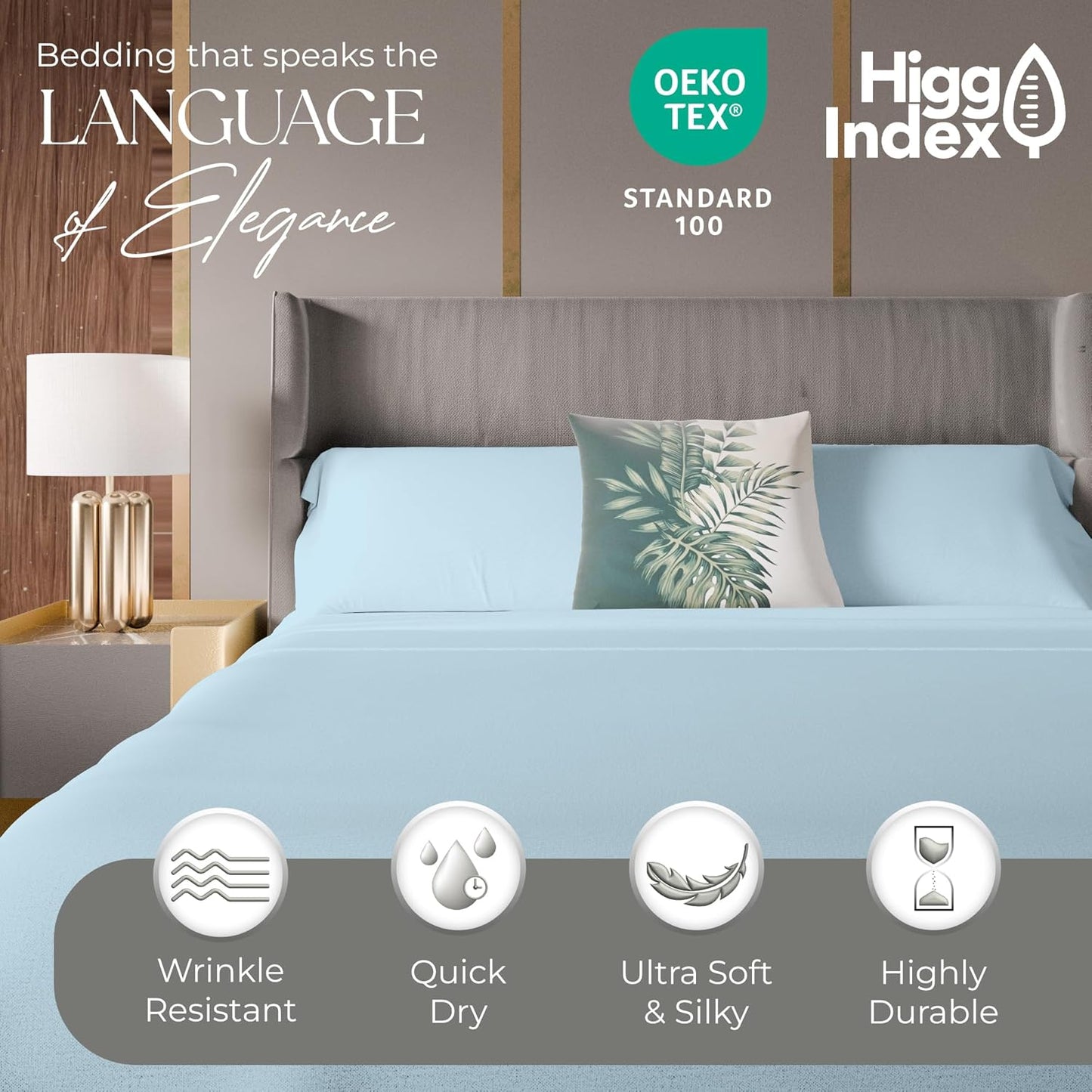 1200 Thread Count Queen Size Sheets Set Bluish Gray, Ultra Soft Cotton Rich Easy Care Sateen Bed Sheet, Moisture Wicking Deep Pocket Sheets (1 Flat Sheet 1 Fitted Sheet & 2 Pillowcases)