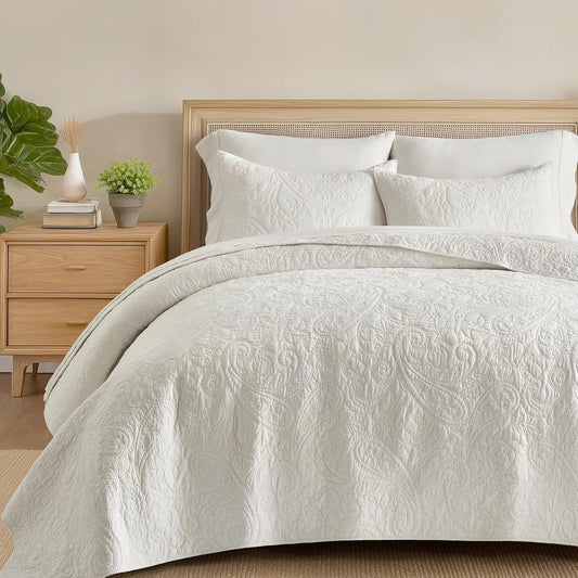 EVERGRACE 100% Cotton Paisley Quilt Set, Queen Size 3 Piece Set – Prewashed Lightweight Bedspread with 2 Shams, Soft & Breathable Matelasse Coverlet for All-Season Comfort, Bright White