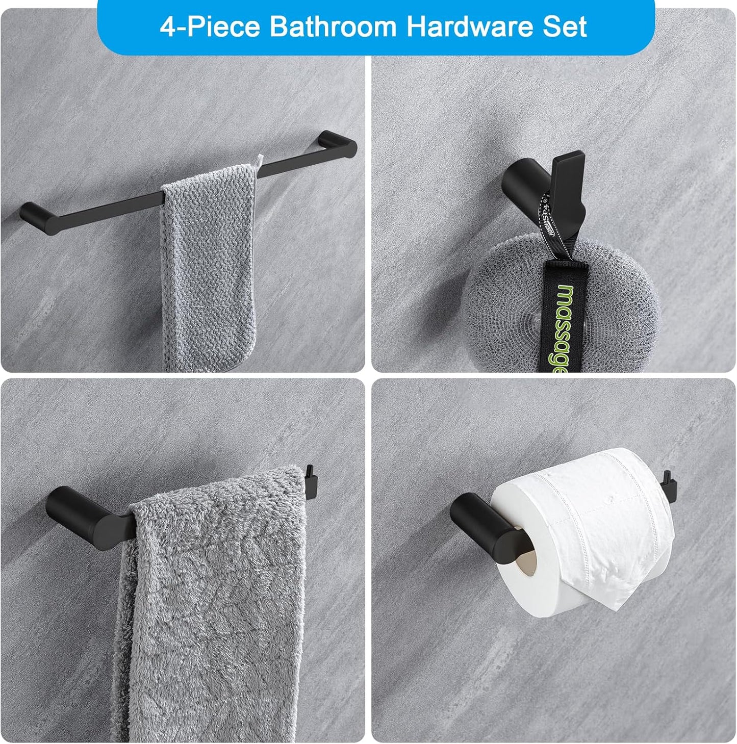 4-Pieces Bathroom Accessories Set, Matte Black Towel Bar Set Modern Stainless Steel Towel Rack Towel Hooks Toilet Paper Holder for Bathroom Wall Mounted, 16 Inch