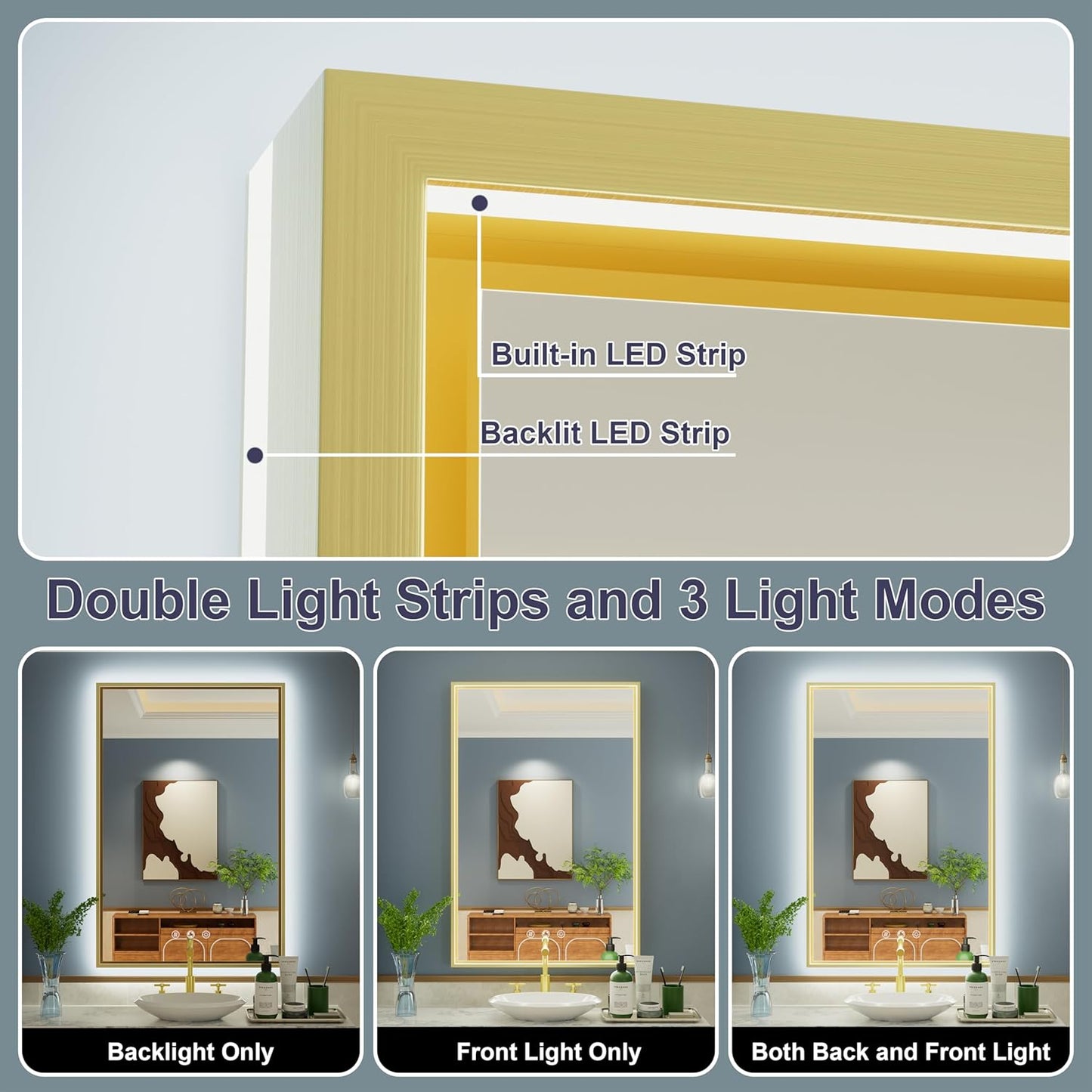 24x36 Inch Gold LED Bathroom Mirror with Front and Back Lighting, 3 Color Temp, Dimmable, Anti-Fog, Aluminum Frame Wall Mounted Lighted Bathroom Vanity Mirror