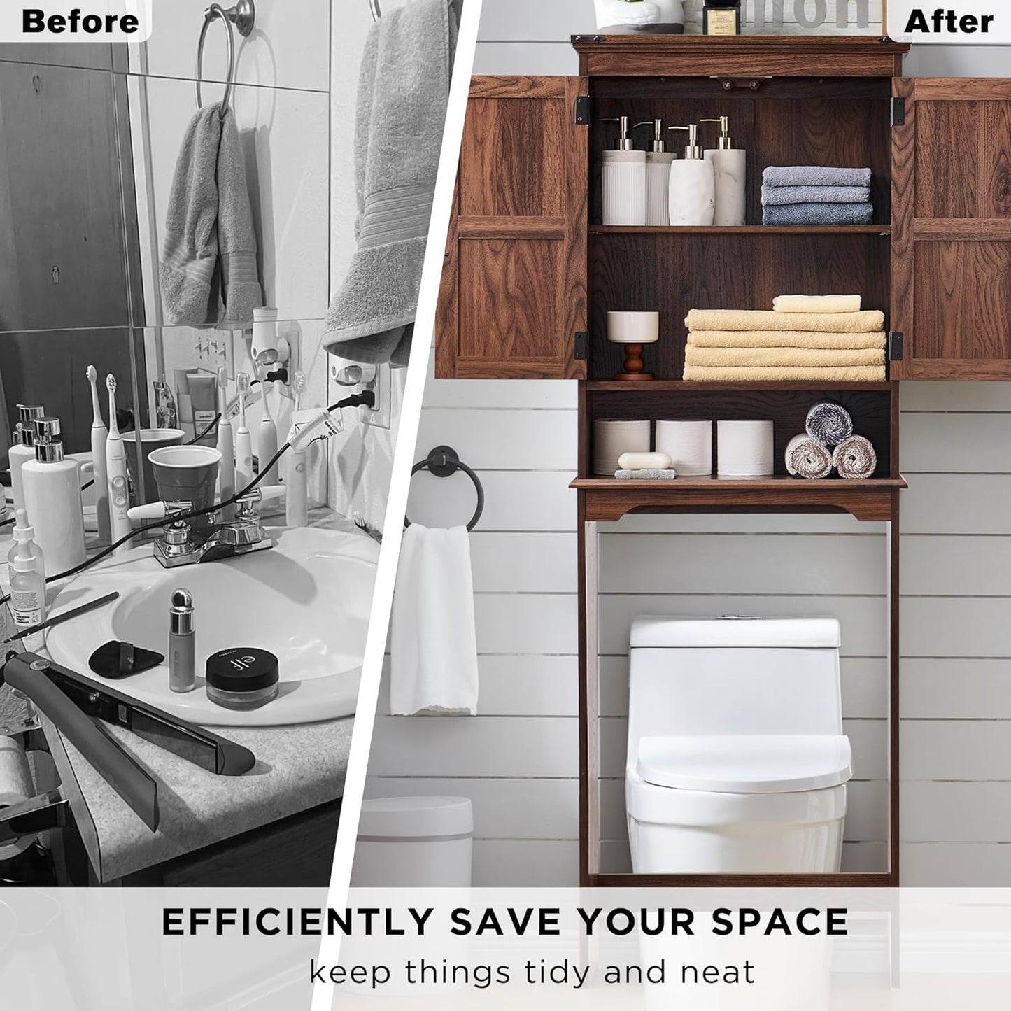 ACCOHOHO Over The Toilet Storage Cabinet, Farmhouse Bathroom Cabinet with Adjustable Shelf & Barn Door, 67" Tall Over The Toilet Shelf, Brown