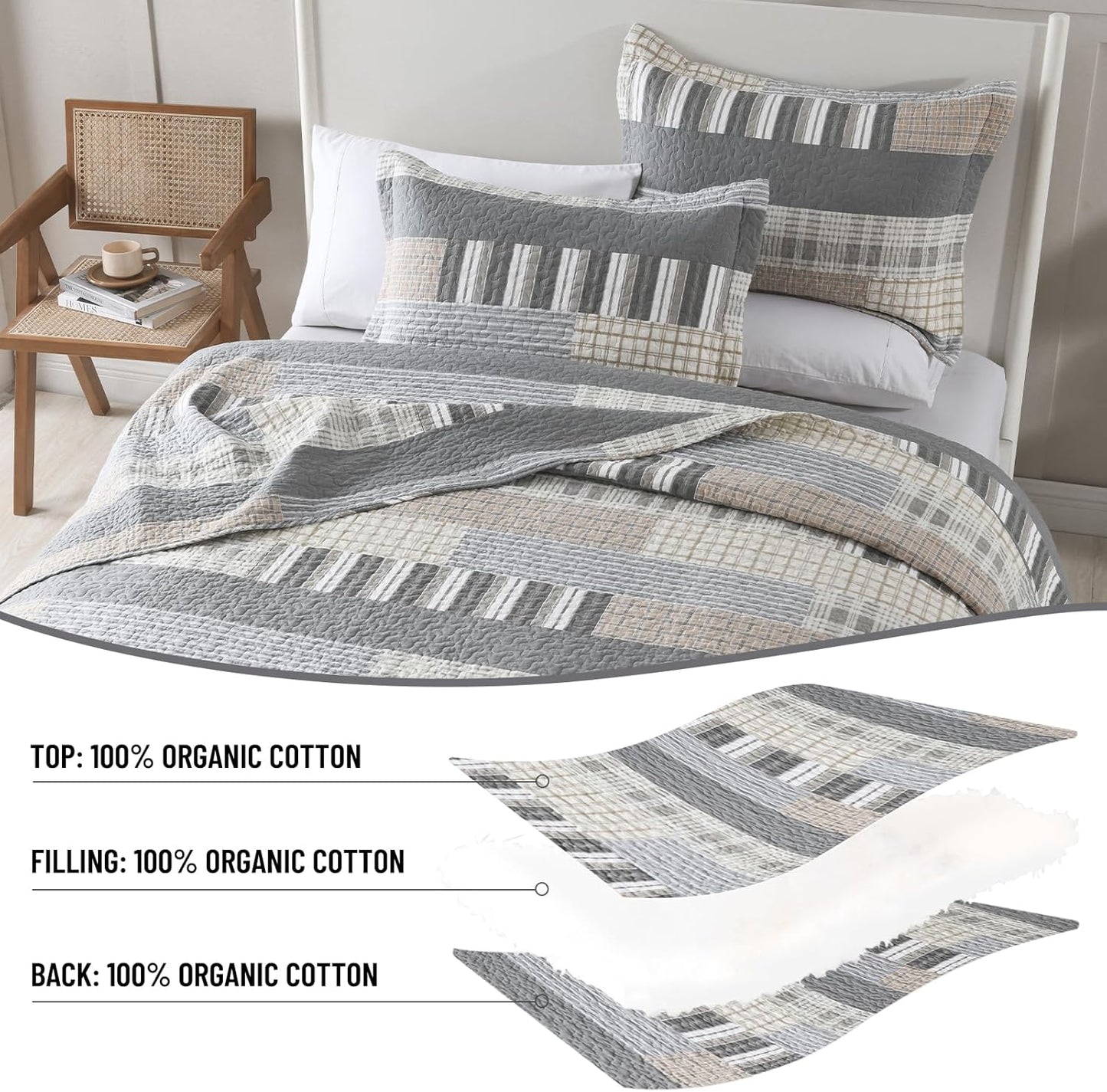 Farmhouse Queen Quilt Set - 100% Cotton Patchwork Striped Plaid Queen Size Quilt Bedspread, Grey Brown Beige Lightweight Reversible Coverlet Bedding Set with 2 Pillow Shams, All Season-98x90