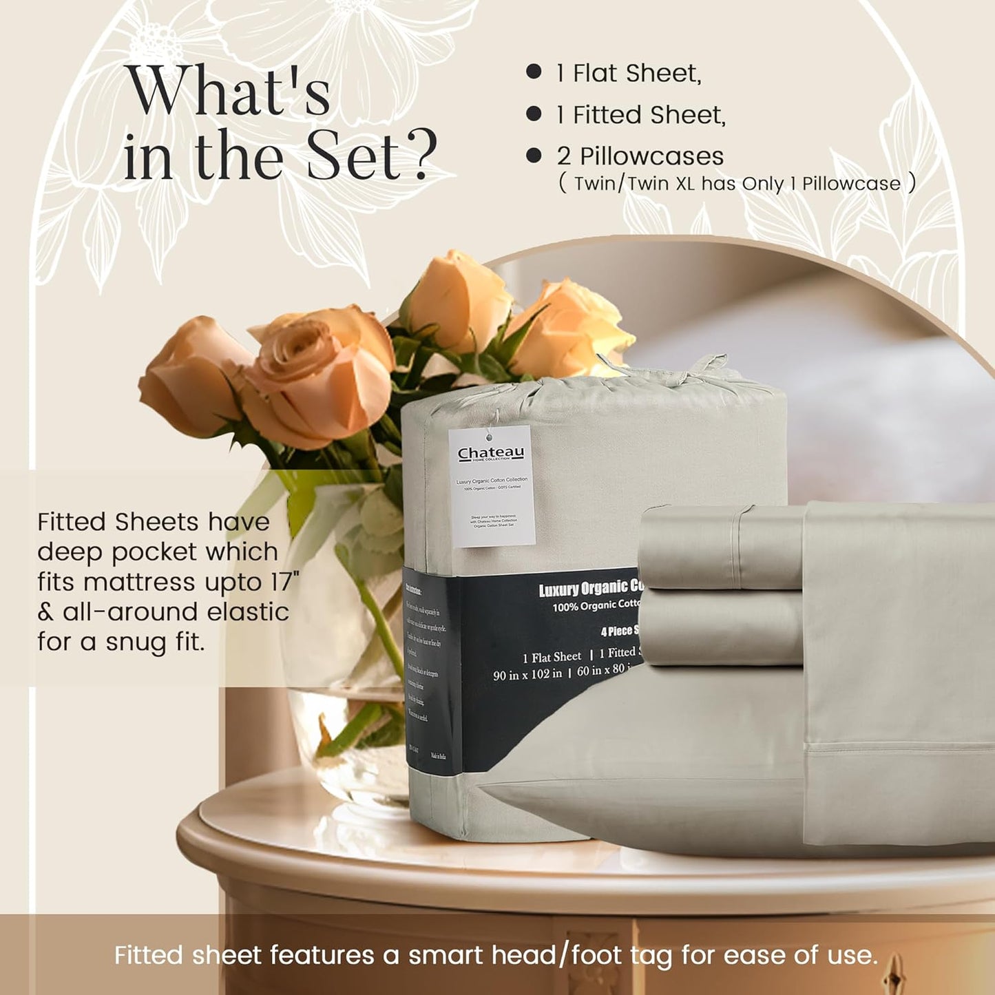 Organic Cotton Sheets Queen Size Bed Set Deep Pockets, 4 PC Cotton Queen Sheet Set, Soft Breathable Sateen Weave Elasticated Sheet & Pillowcase Sets, No Pill & Shrink, Machine washable- Silver