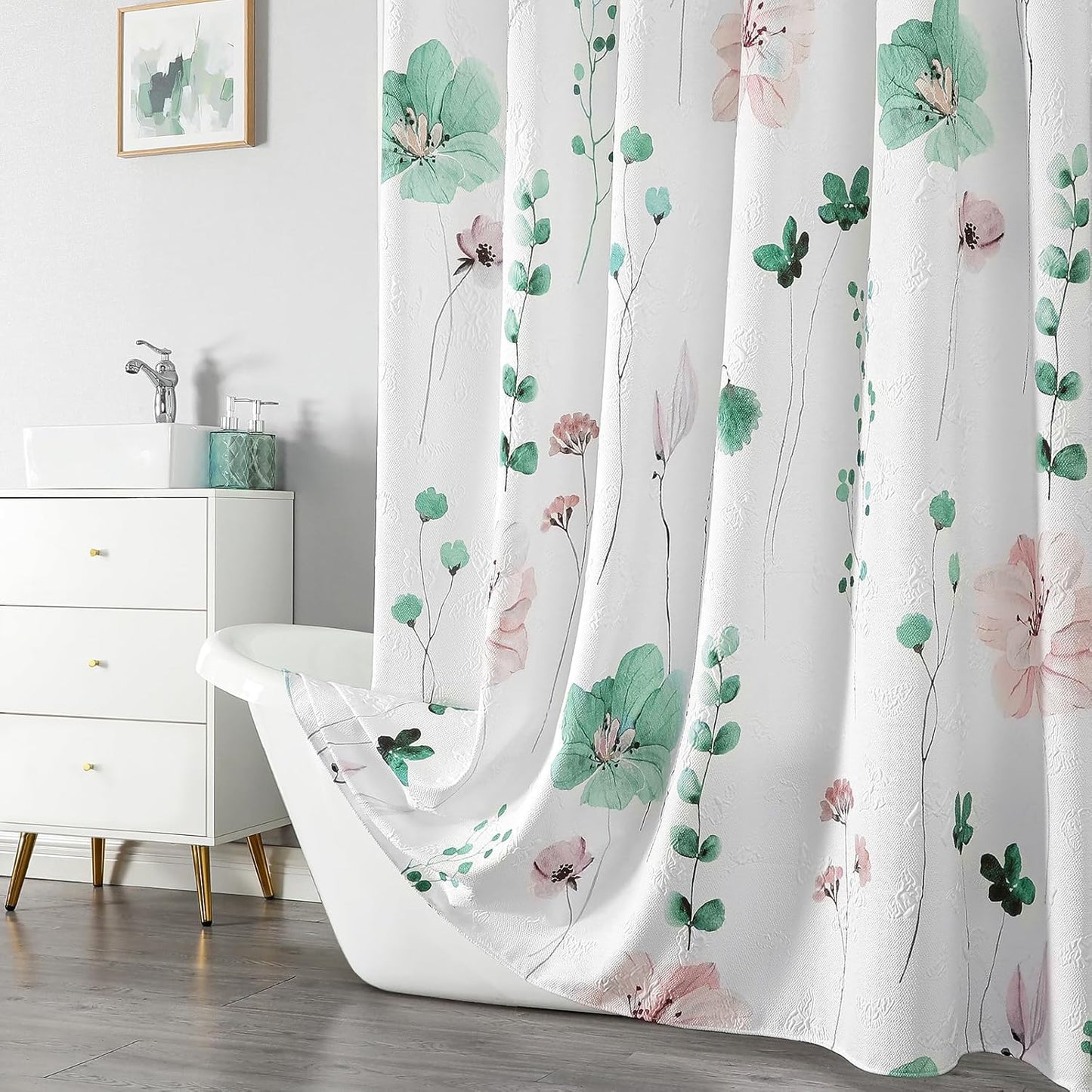 QiyI Extra Long Shower Curtain 72 x 84, Modern Watercolor Floral Bath Curtain, 3D Embossed Texture Sage Green Flower Cloth Bathroom Curtain, Waterproof Fabric Farmhouse Shower Curtain Set with Hooks