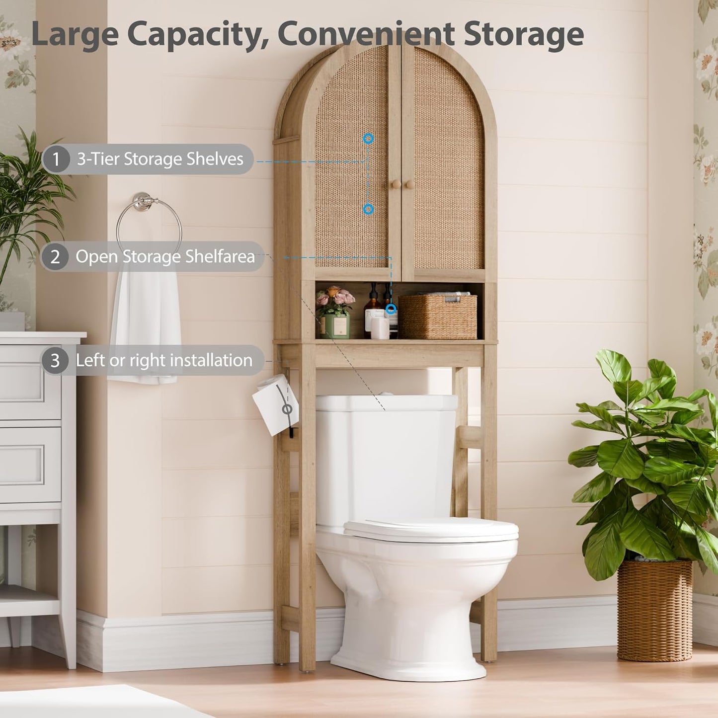 Over The Toilet Storage Cabinet, 23.7”W Modern Storage Cabinet Over Toilet with Rattan Doors, Arched Freestanding Over Toilet Rack with Adjustable Shelf for Bathroom, Nature