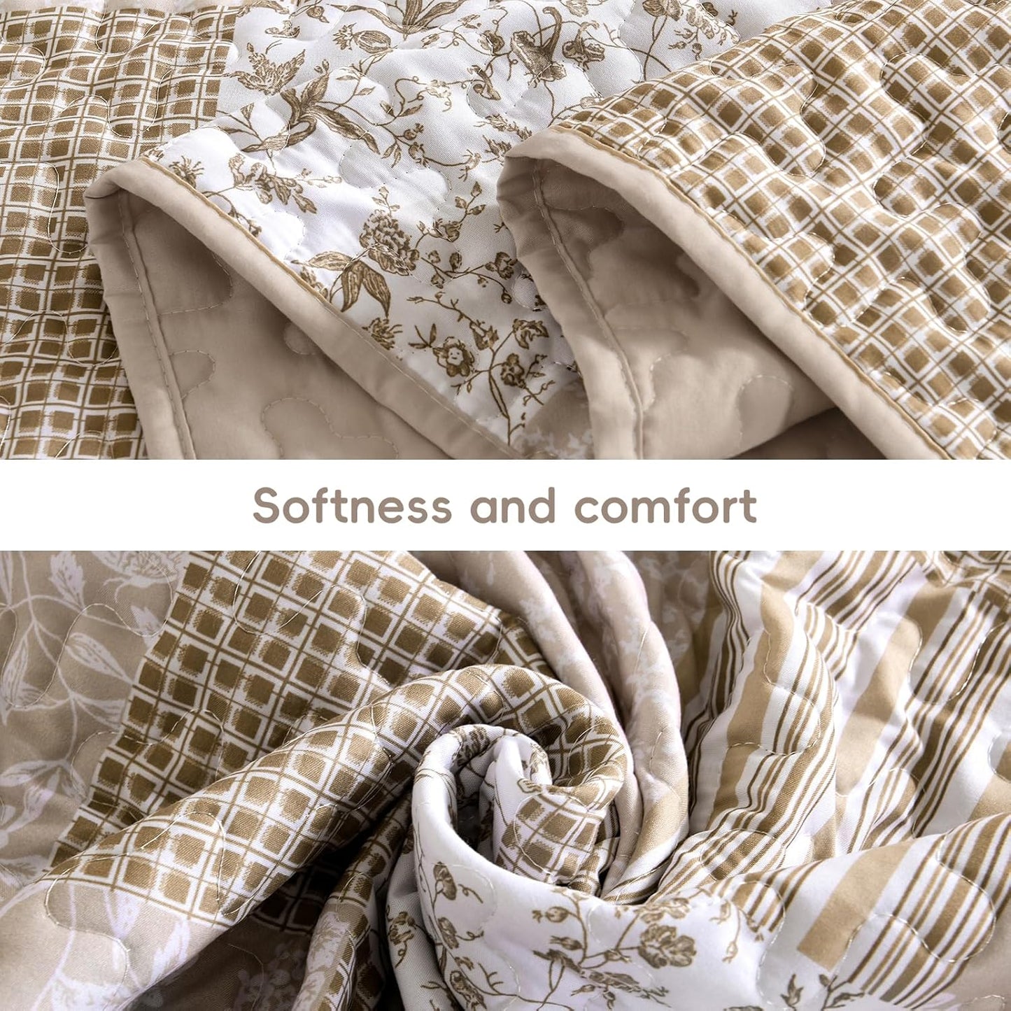 Mybedsoul Beige Boho Quilt Set King Size, 3 Pieces Plaid Floral Bedspread Set Patchwork Reversible Bedding Set Microfiber Bedding Bedspread Coverlet Set for All Season 90"x104"