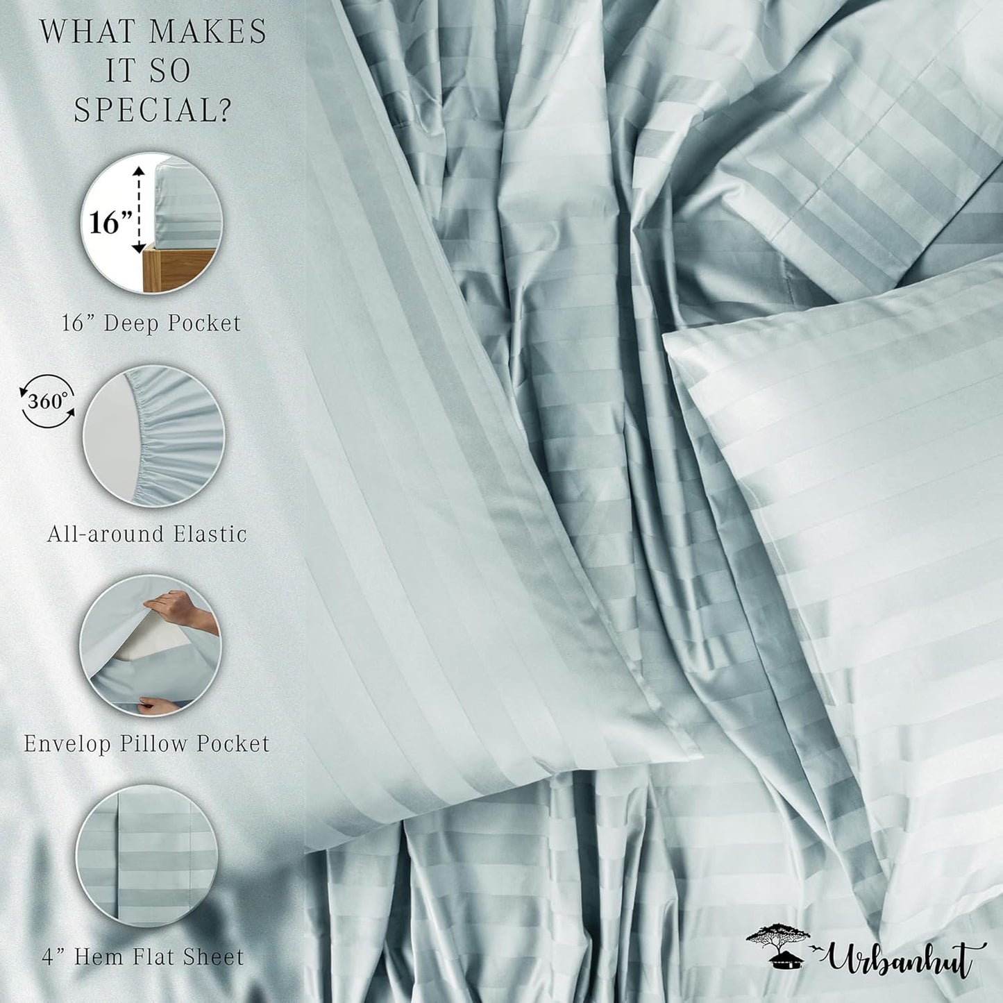 URBANHUT 1000 Thread Count Damask Striped Queen Sheet Set Egyptian Cotton, Long Staple Soft & Breathable, 4 Pcs Bed Sheet Sets, Luxury Hotel Sateen Finish Sheets Fits 16" Deep Pocket - Light Blue