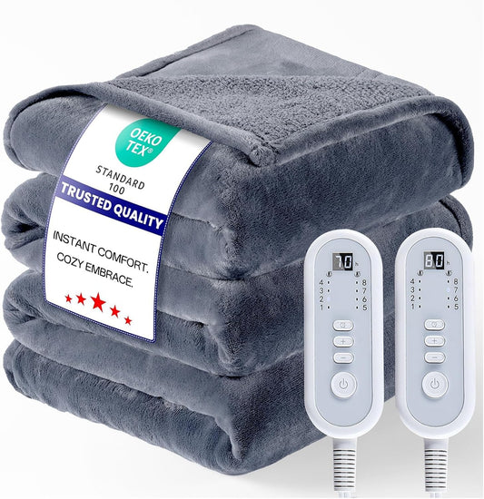 Heated Blanket Electric Queen Size 84"x90" with Dual Controls, Heating Blanket with Flannel & Sherpa for Bed, 8 Heat Levels & 10 Hours Auto Off, Full Body, Couch, Home Use, Machine Washable, Warm Gift