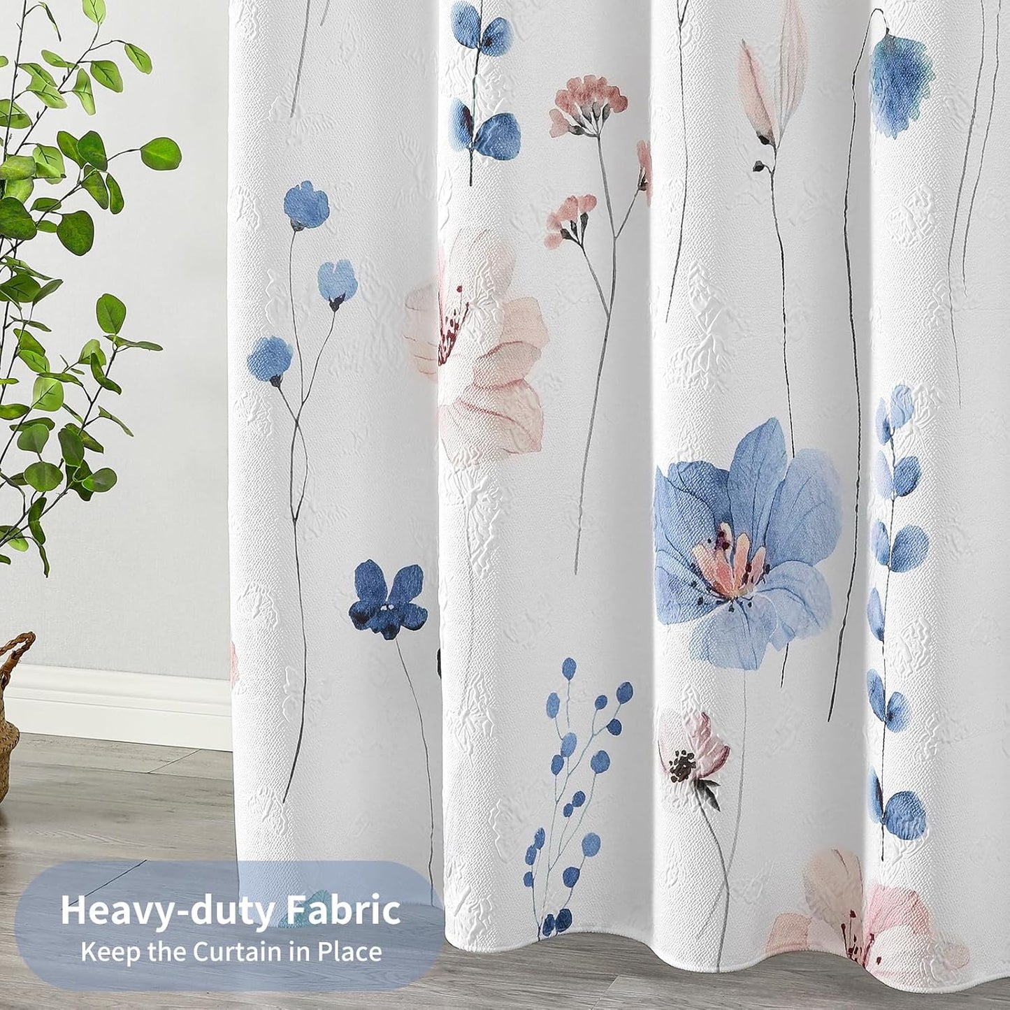 QIYI Small Stall Half Watercolor Floral Shower Curtain, 3D Embossed Butterflies Blue Flower Cloth Bathroom Curtain, Waterproof Fabric White Shower Curtain Set with Hooks