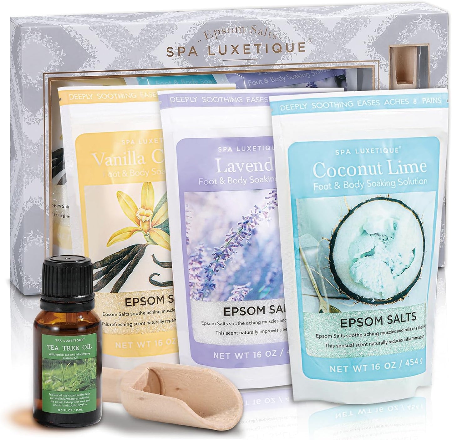 Bath Salts for Women, Spa Luxetique Epsom Salts for Soaking, 3pc Bath Salt Gifts Set, Lavender, Vanilla and Coconut Scent with Tea Tree Oil Gifts for Her Birthday Gifts