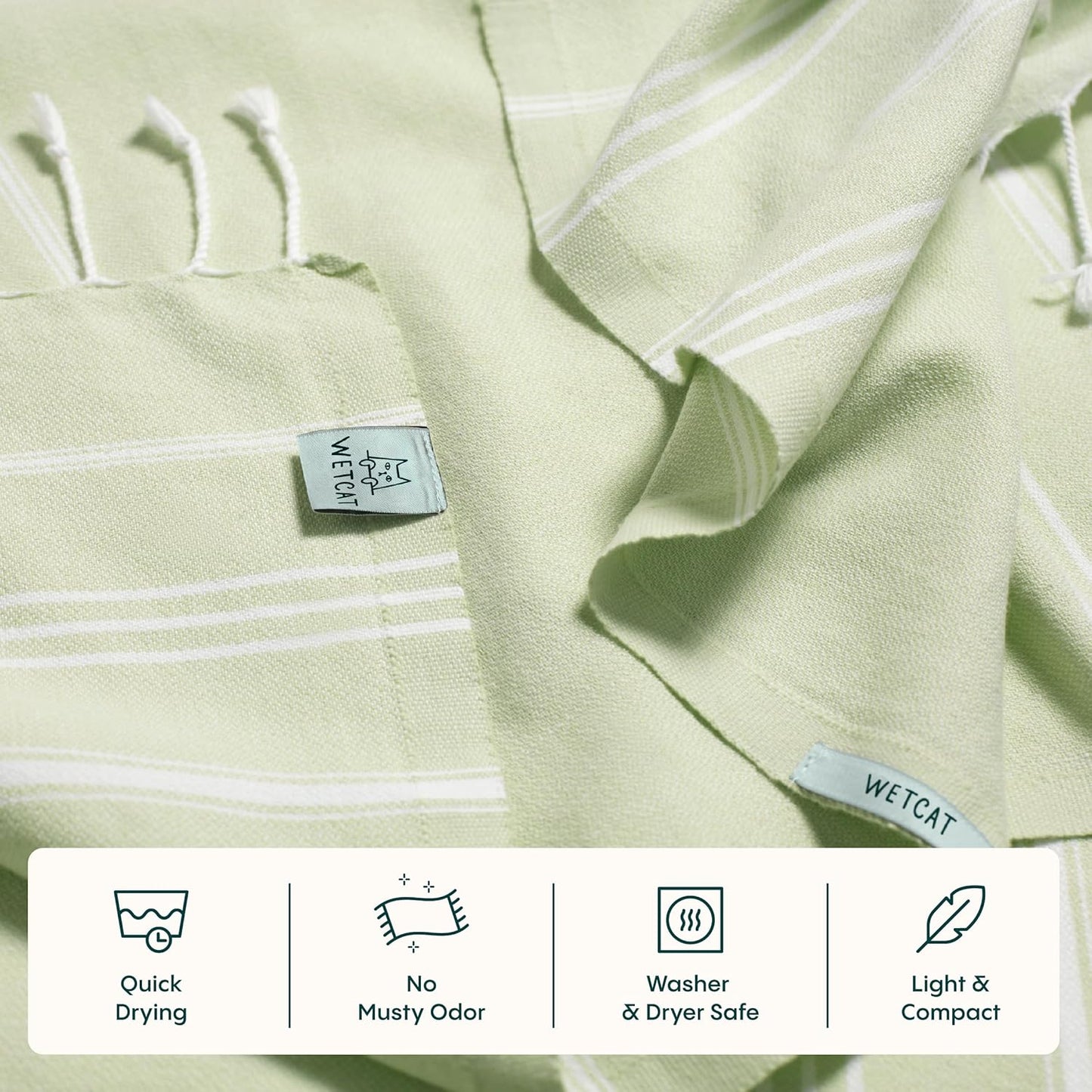 WETCAT Turkish Hand Towels with Hanging Loop, Set of 2 (20" x 30") 100% Turkish Cotton, Pre-Washed, Quick Drying, for Kitchen or Bathroom - Seafoam Green