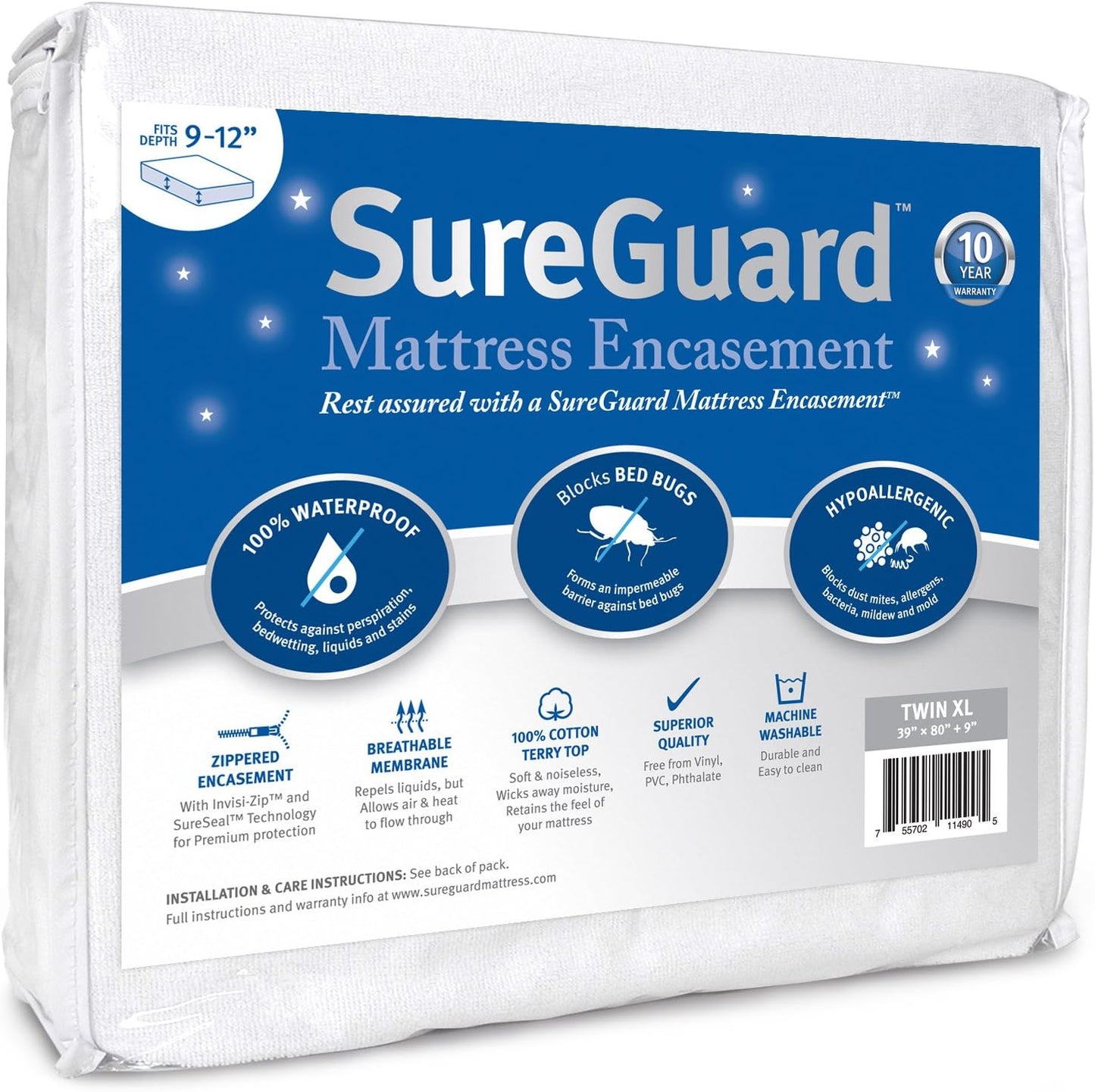 Twin XL (9-12 in. Deep) SureGuard Mattress Encasement - 100% Waterproof, Bed Bug Proof, Hypoallergenic - Premium Zippered Six-Sided Cover