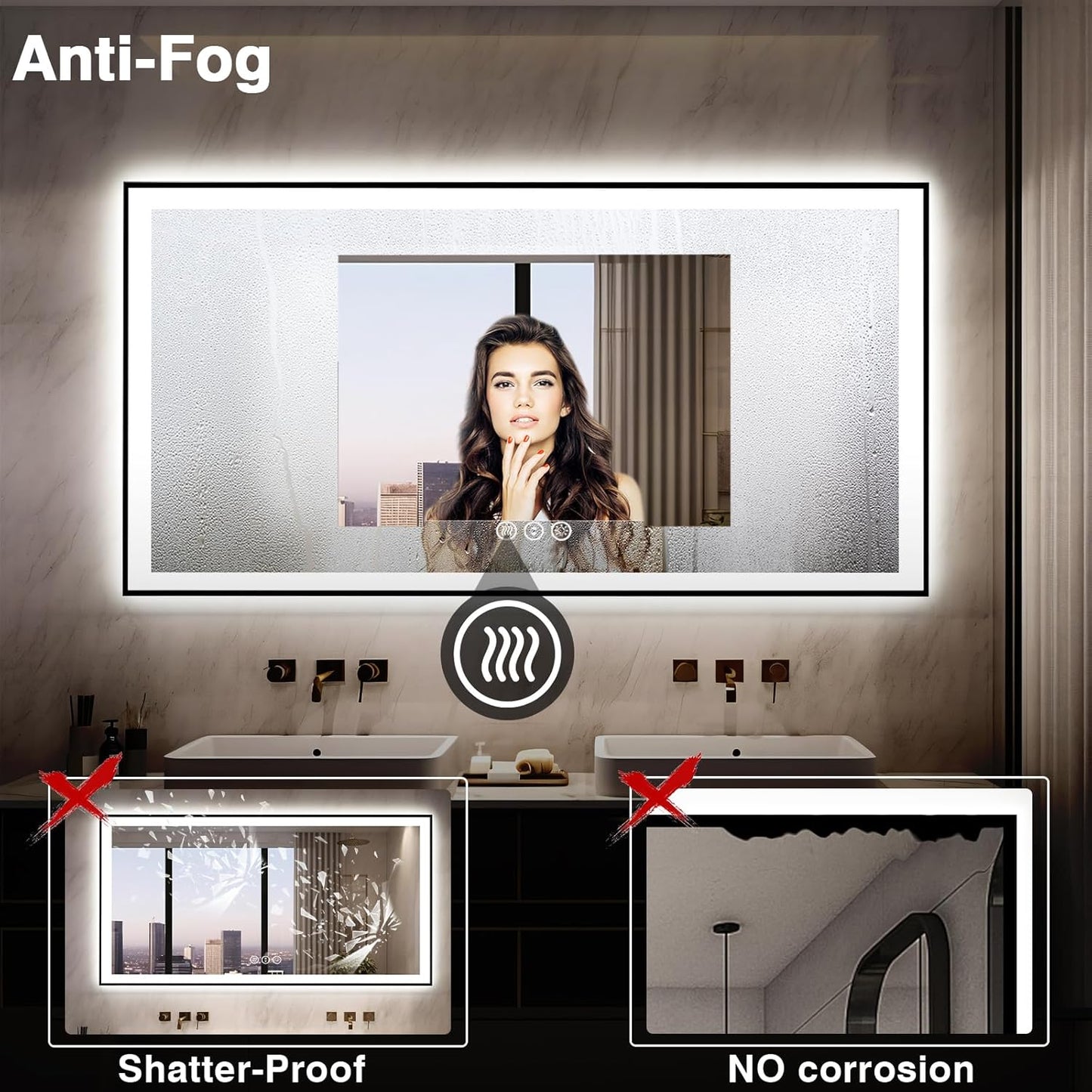 60x28 LED Bathroom Mirror for Wall - Black Aluminum Framed (Front and Backlit), Anti-Fog Vanity Mirror with Lighting, Stepless Dimmable, 3 Colors Smart Design (Horizontal/Vertical)