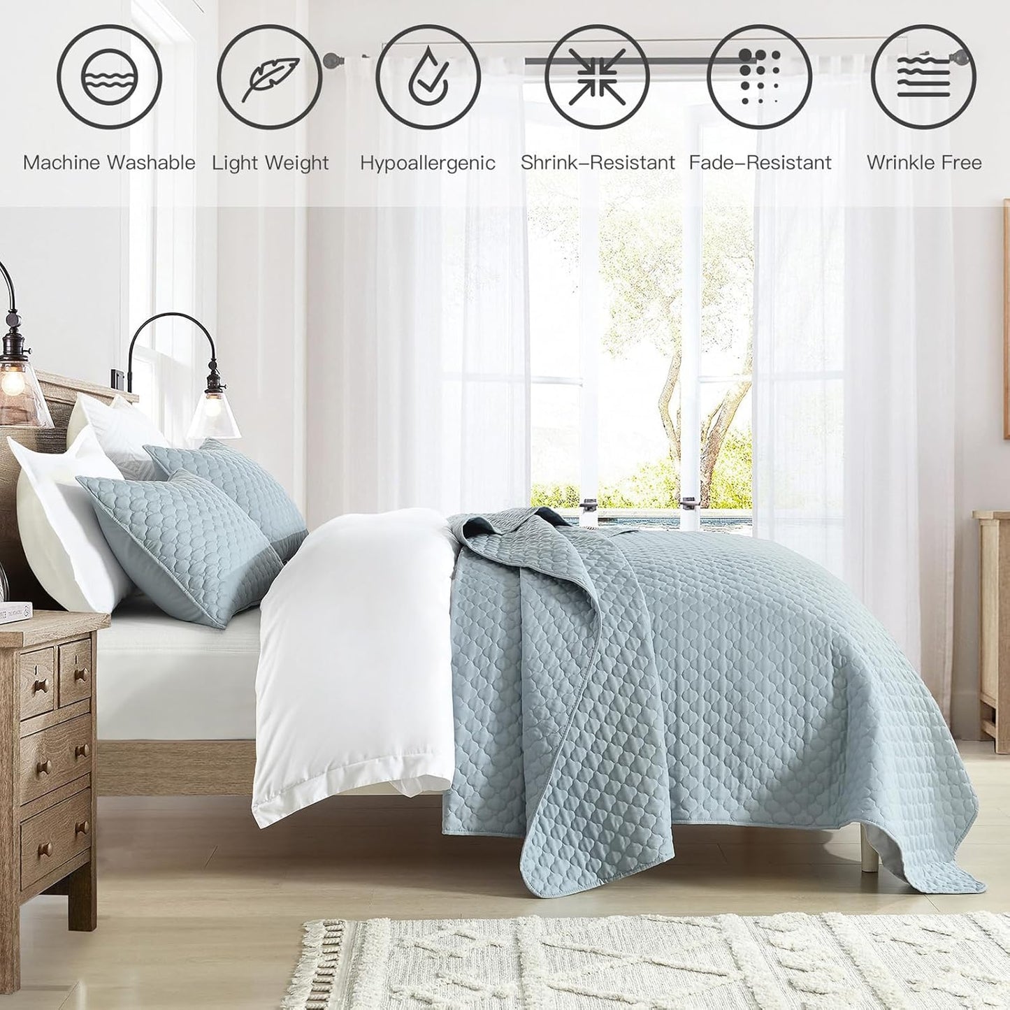 HORIMOTE HOME Quilt Queen Size Chambray Blue, Lightweight Quilt for Summer Ultra-Soft Microfiber Modern Style Quilted Clouds Pattern Bedspread Quit Set 3 Pieces(1 Quilt and 2 Pillow Shams)