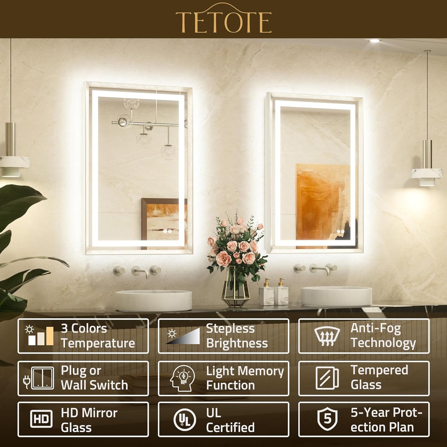 TETOTE 28 x 36 Bathroom LED Mirror Brushed Nickel Metal Frame Frontlit & Backlit Vanity Anti-Fog Stepless Dimmable 3 Colors White/Warm/Natural Mirror with Lights Wall-Mounted