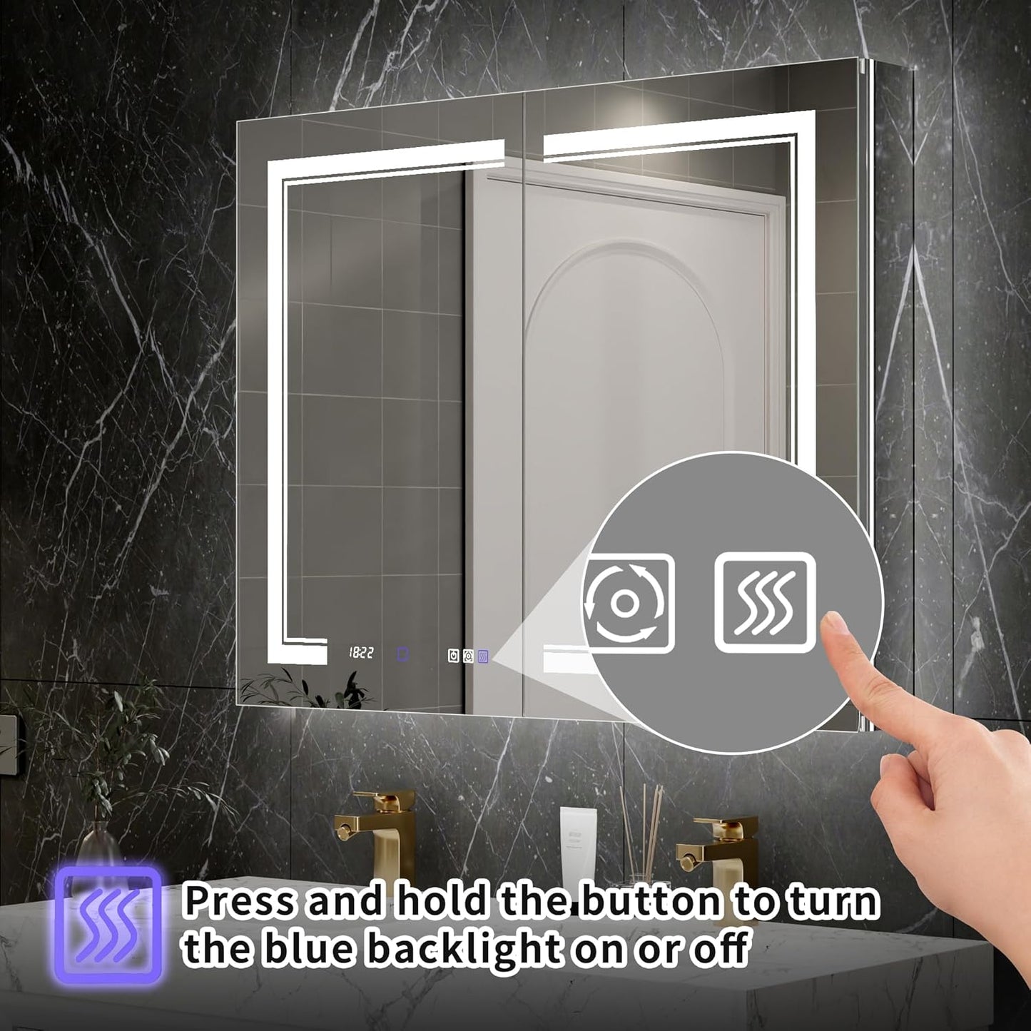 40"x32"Lighted Medicine Cabinet with Mirror，Recessed or Surface Mount LED Medicine Cabinet, Front&Backlit, Clock Temp Display, Anti-Fog, Stepless Dimming, 3-Color Temperatures, Adjustable Shelves