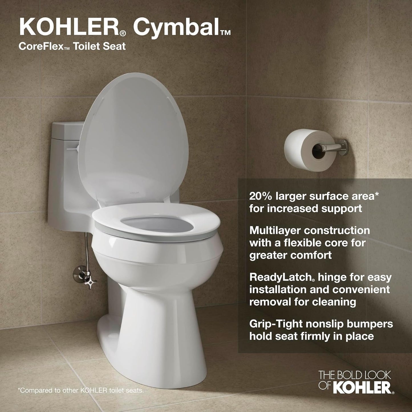 KOHLER 57778-GCF-0 Cymbal ReadyLatch Quiet-Close Soft Close Toilet Seat Round, Flexible CoreFlex Material, Wider Toilet Seat Surface, Home Essentials, White with Ice Grey Core Center