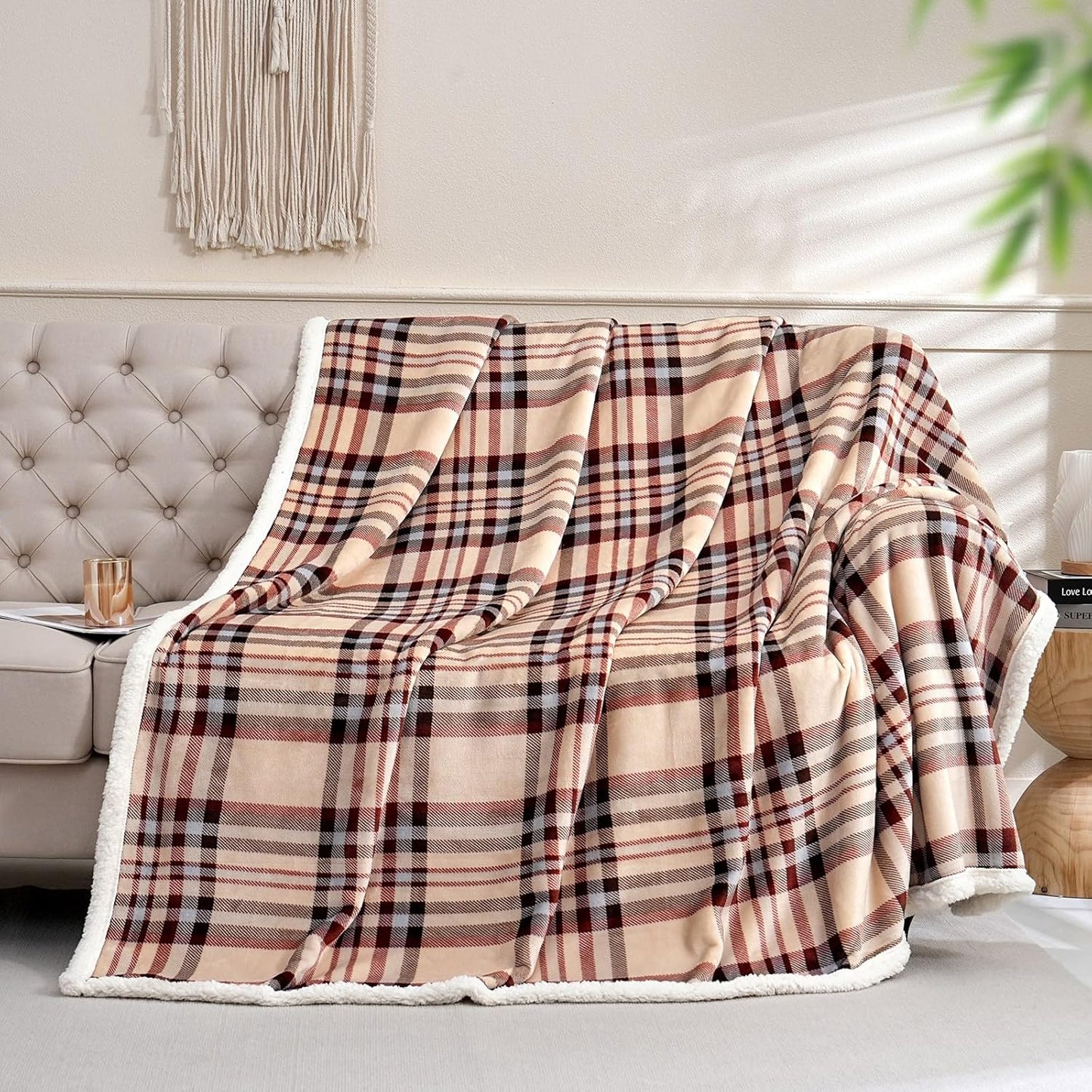 Sherpa Blanket Throw Blanket for Couch Sherpa Fleece Blanket Fluffy Checkered Soft Blanket for All Season Use Cozy Thick Warm Big Throws (Beige-Plaid, 60"*80")