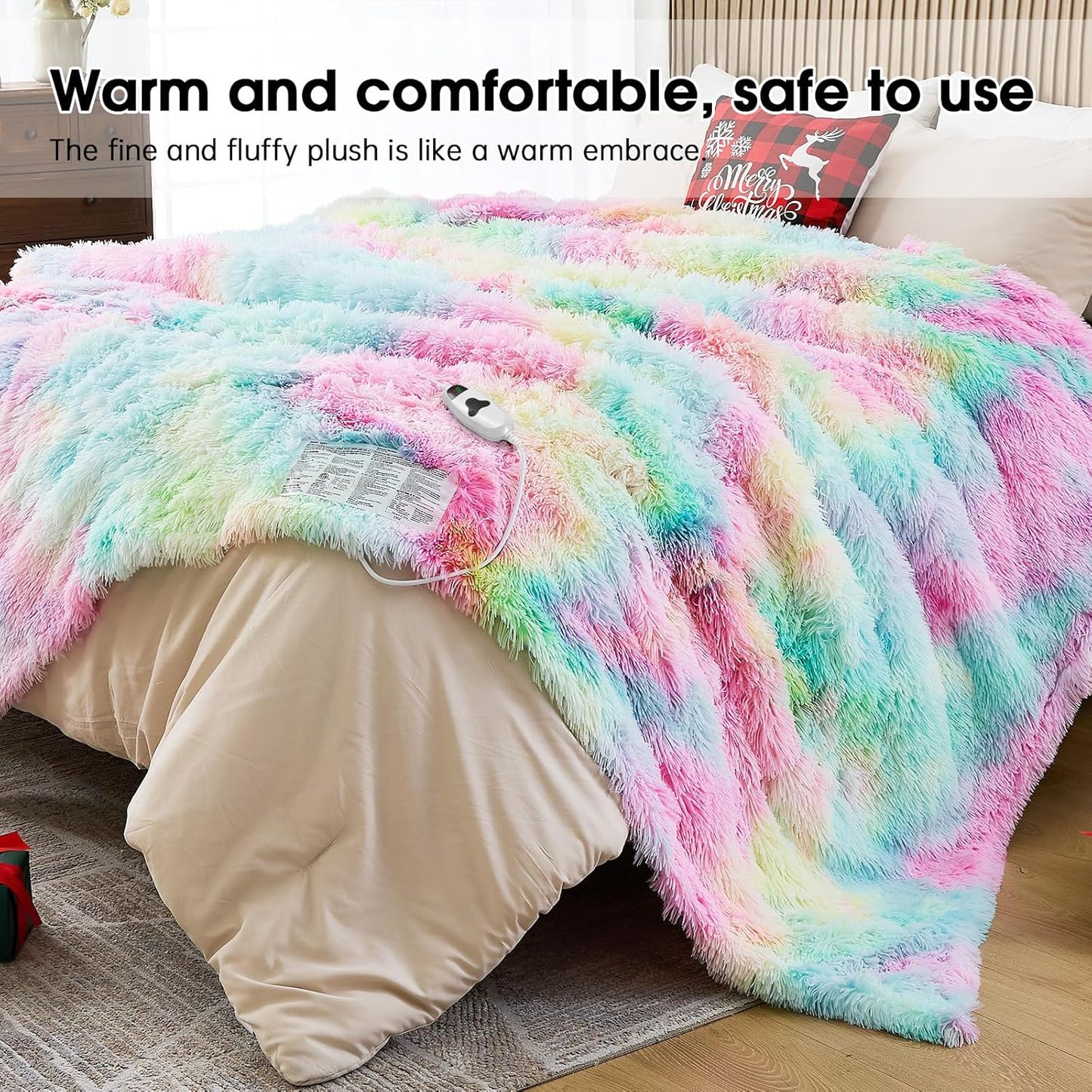 Heated Electric Blanket Queen,Warm Winter Birthday Gifts for Women Her Grandma–Faux Fur with Soft Sherpa,10 Heat Settings,5 Time Settings with Fast Heating, 84x90, Rainbow