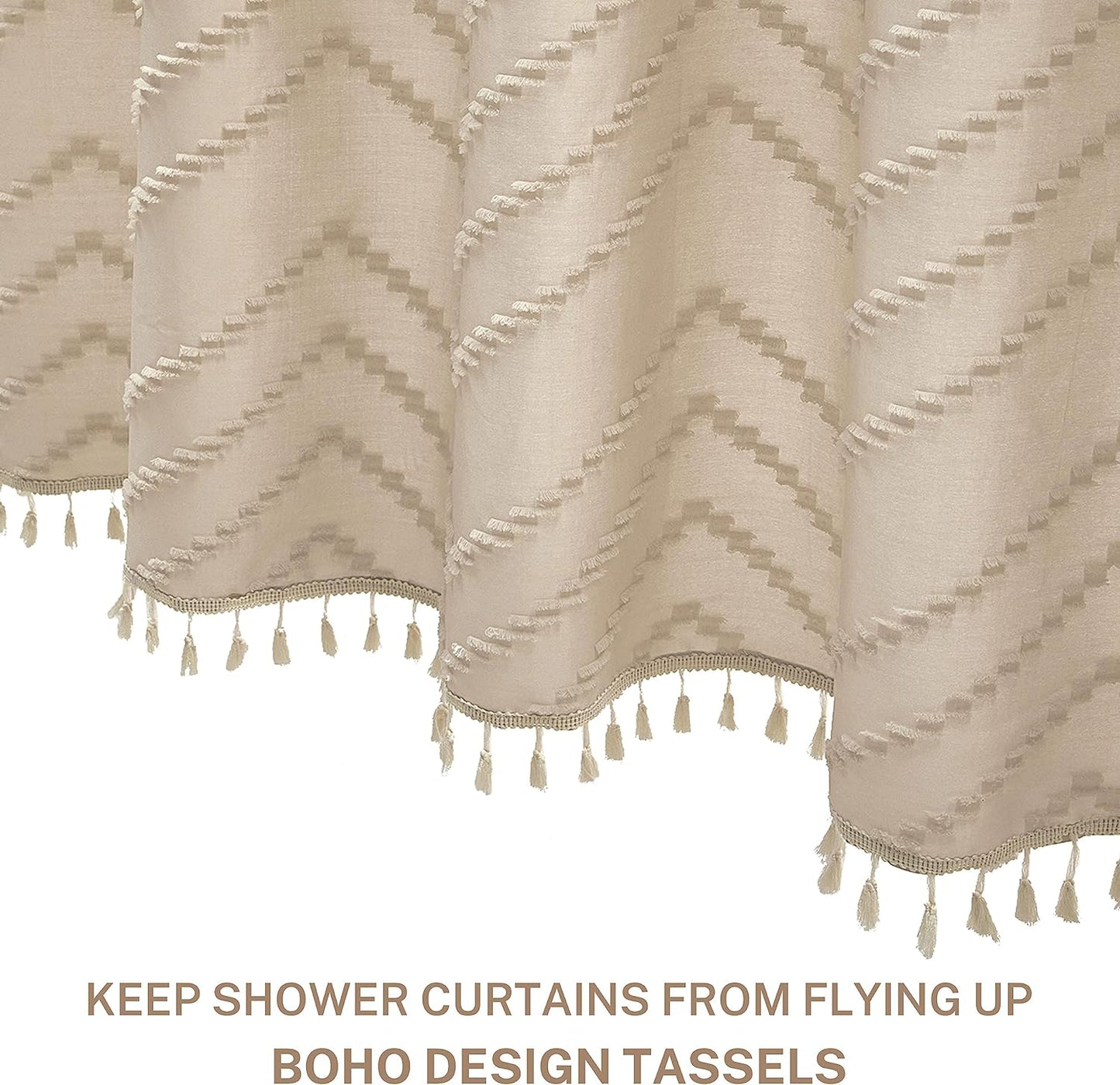 Farmhouse Boho Shower Curtain, Woven Fabric Beige Long, 72 x 78, Tufted Chevron Striped Modern Chic Textured Minimalist Bathroom Shower Curtain