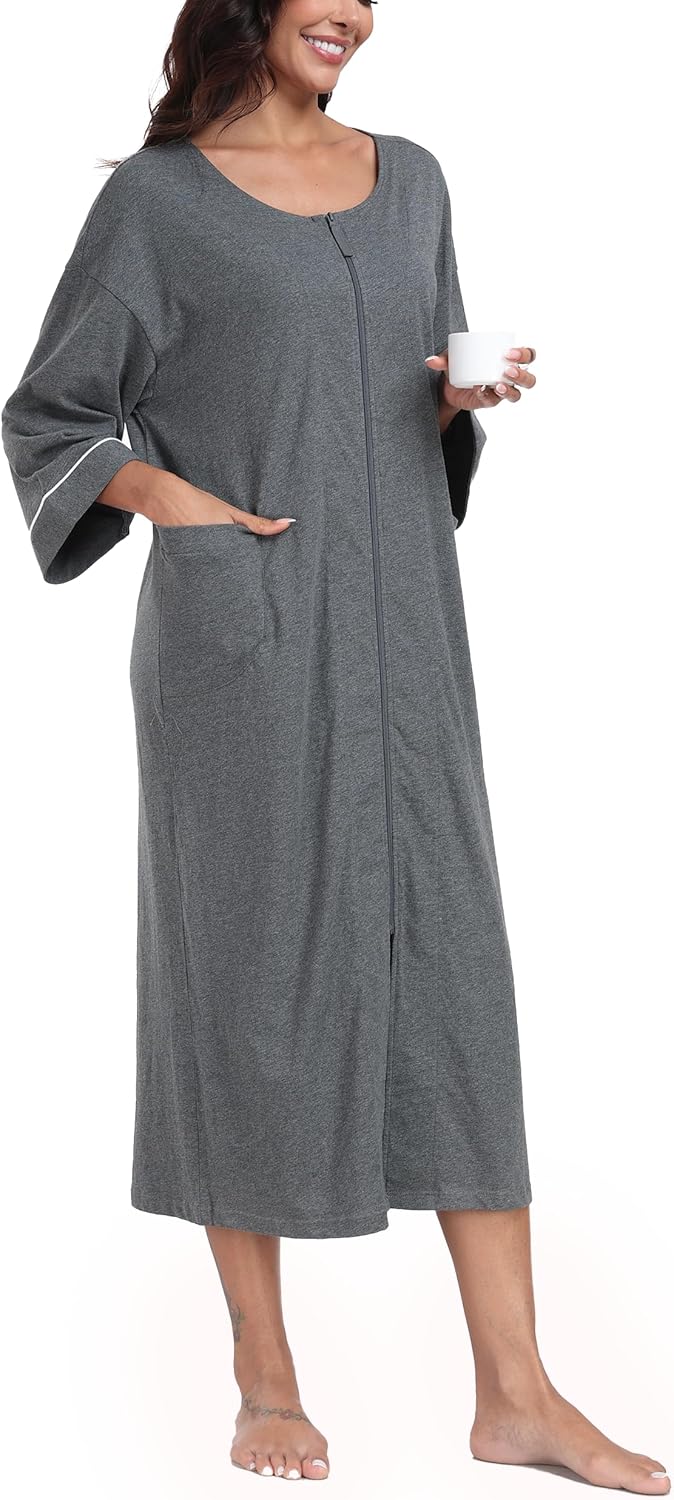 ANLIQI Women's 100% Cotton Robes Long Zipper Front House coats 3/4 Sleeve Bathrobes Lightweight Full Length Robe with Pockets