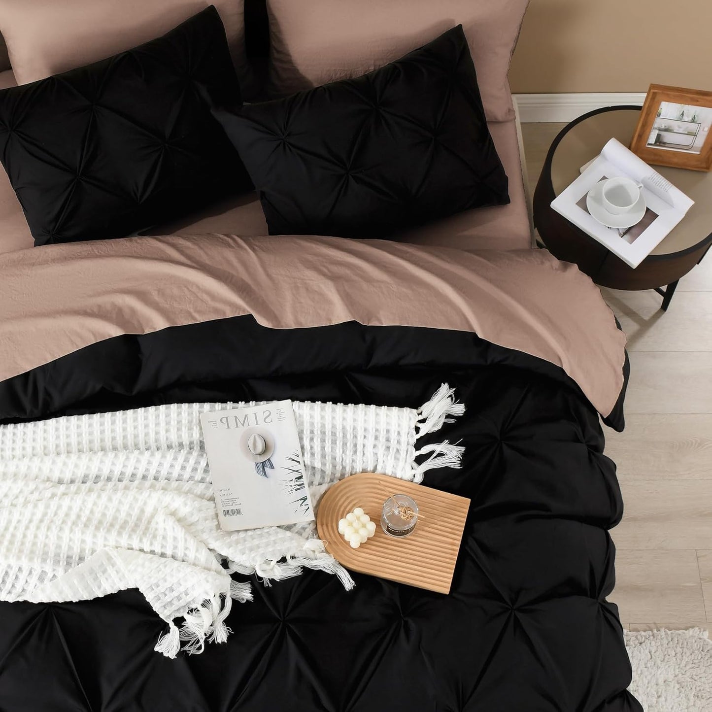 Litanika Black Queen Pinch Pleat Duvet Cover, 3 Pieces Pintuck Cover Soft Microfiber Bedding Set with Zipper Closure & Corner Ties(90x90Inch-1 Duvet Cover, 2 Pillowcases)