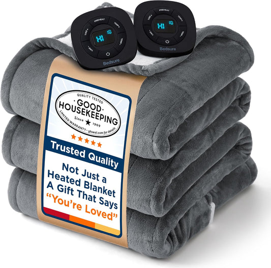 Bedsure Electric Blanket Queen Size - Dual Control Heated Blanket Queen, GentleSoft Fast Heating with 10 Time Settings & 10 Heat Settings, Warm Gift for Grandma (84x90 inches, Grey)