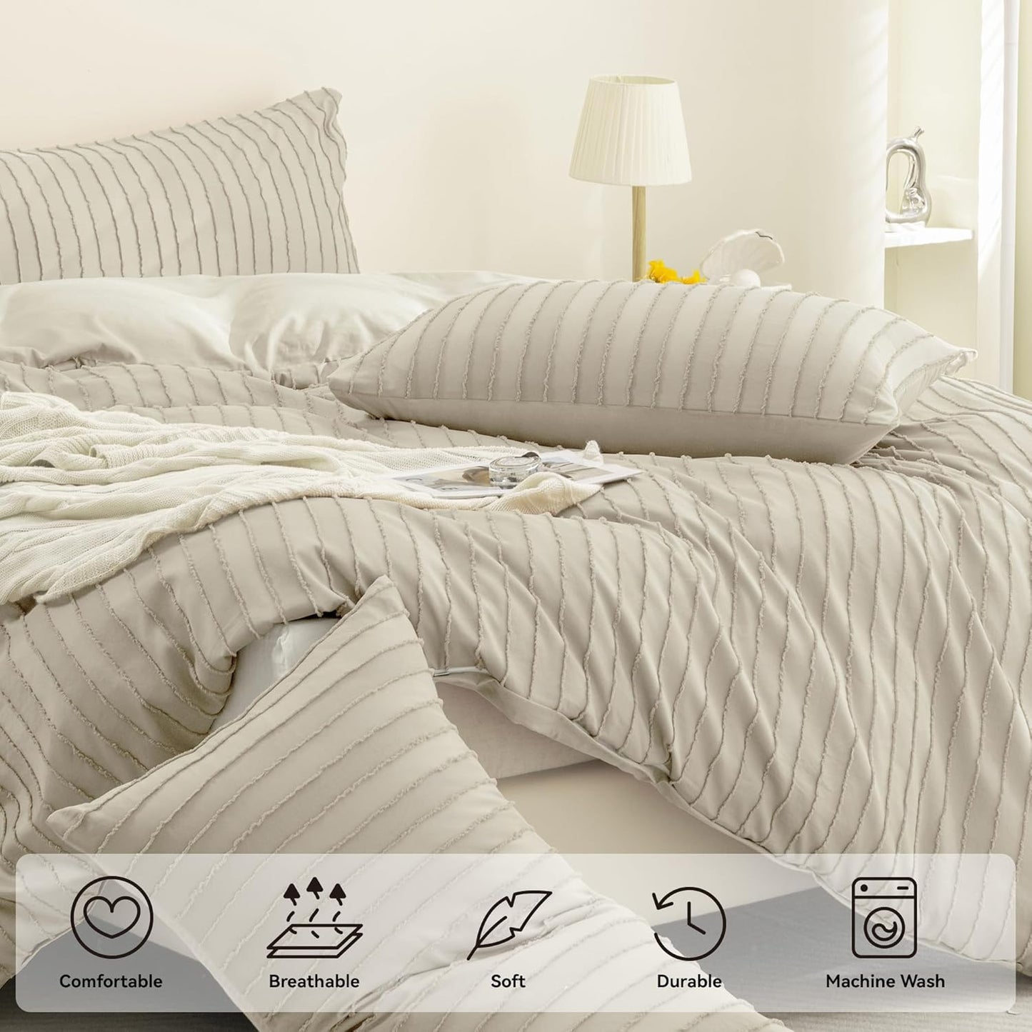 JELLYMONI Duvet Cover California King Size Light Khaki - 3PCS Boho Striped Duvet Cover Set Polyester Tufted Bohemian Textured Comforter Cover 104×98in with Corner Ties & Zipper and 2 Pillowcases